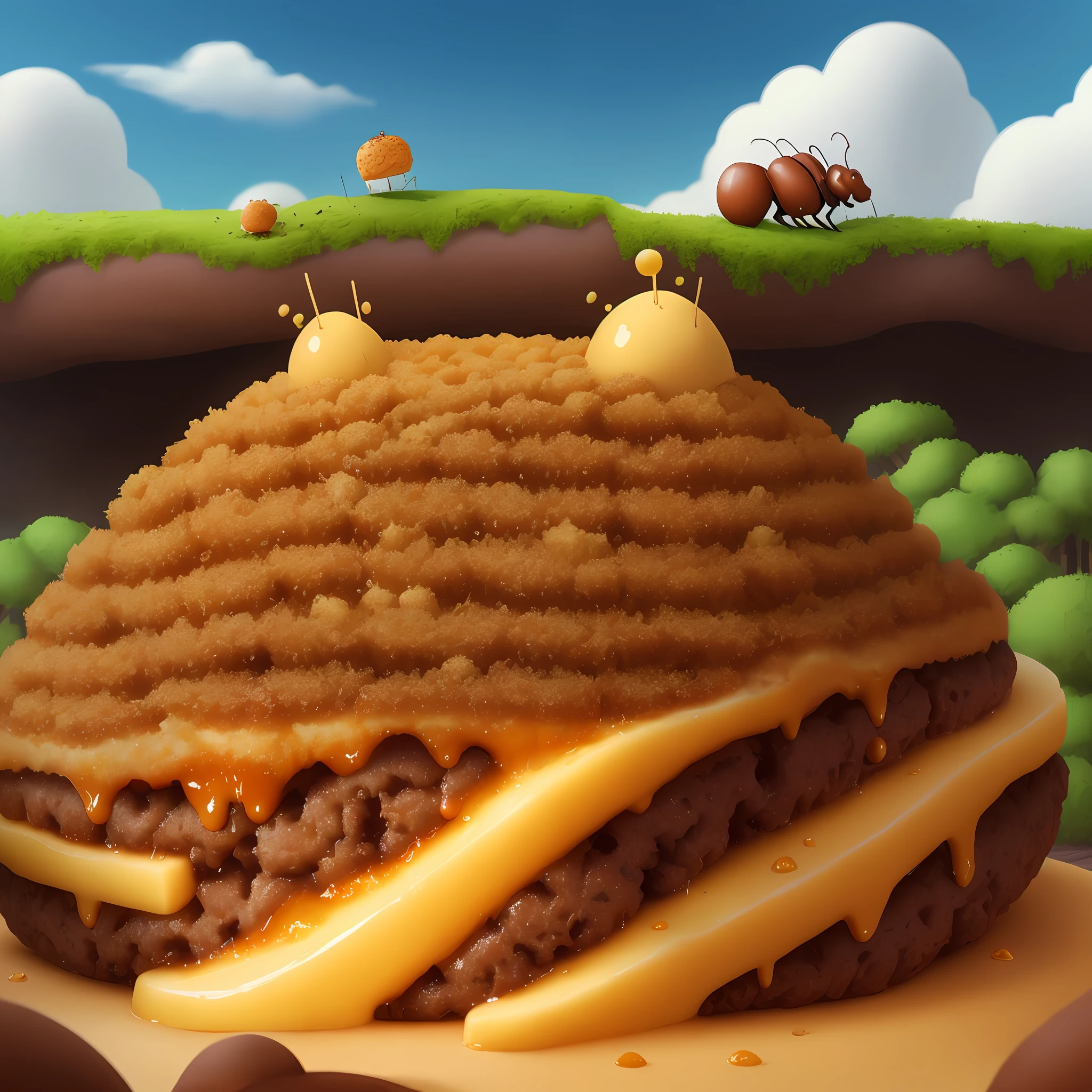 Burger in form of an anthill, dripping cheese, ants running around, zoom in, enlargement, realistic cartoon