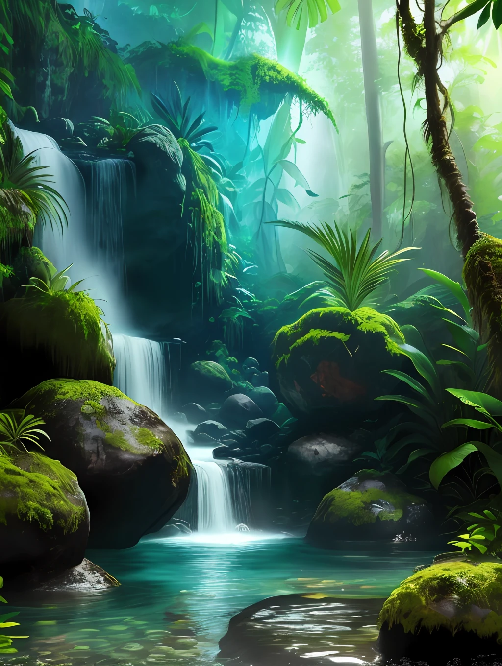 sunny tropical jungle vivid colors asymmetrical waterfall into shallow pool rough chiseled large moss covered boulders (colorful plants:1.2) volumetric fog high contrast
(masterpiece:1.2) (flat vector illustration:1.1) (best quality:1.2) (detailed) (intricate) (8k) (HDR) (wallpaper) (cinematic lighting) (sharp focus)