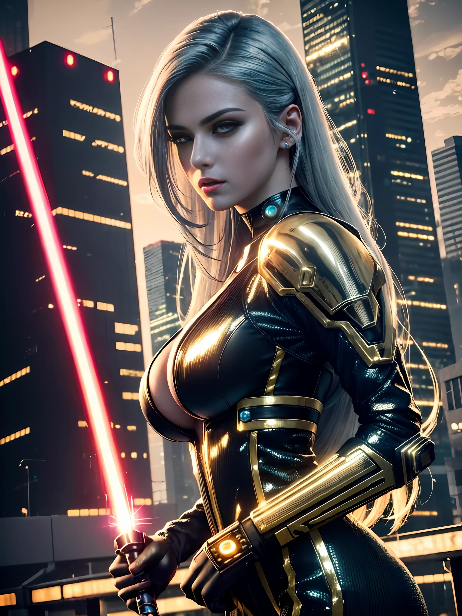 extremely beautiful young lady, cyberpunk subtle makeup, golden hour, photorealistic, high contrast, 8k HD, detailed, hyper-detailed, realistic skin texture, long silver hair, big breast, best quality, ultra high res, raw photo, dramatic lighting, unreal engine, diffuse glow, intricate futuristic suit, outdoor, cyberpunk city, holding light saber