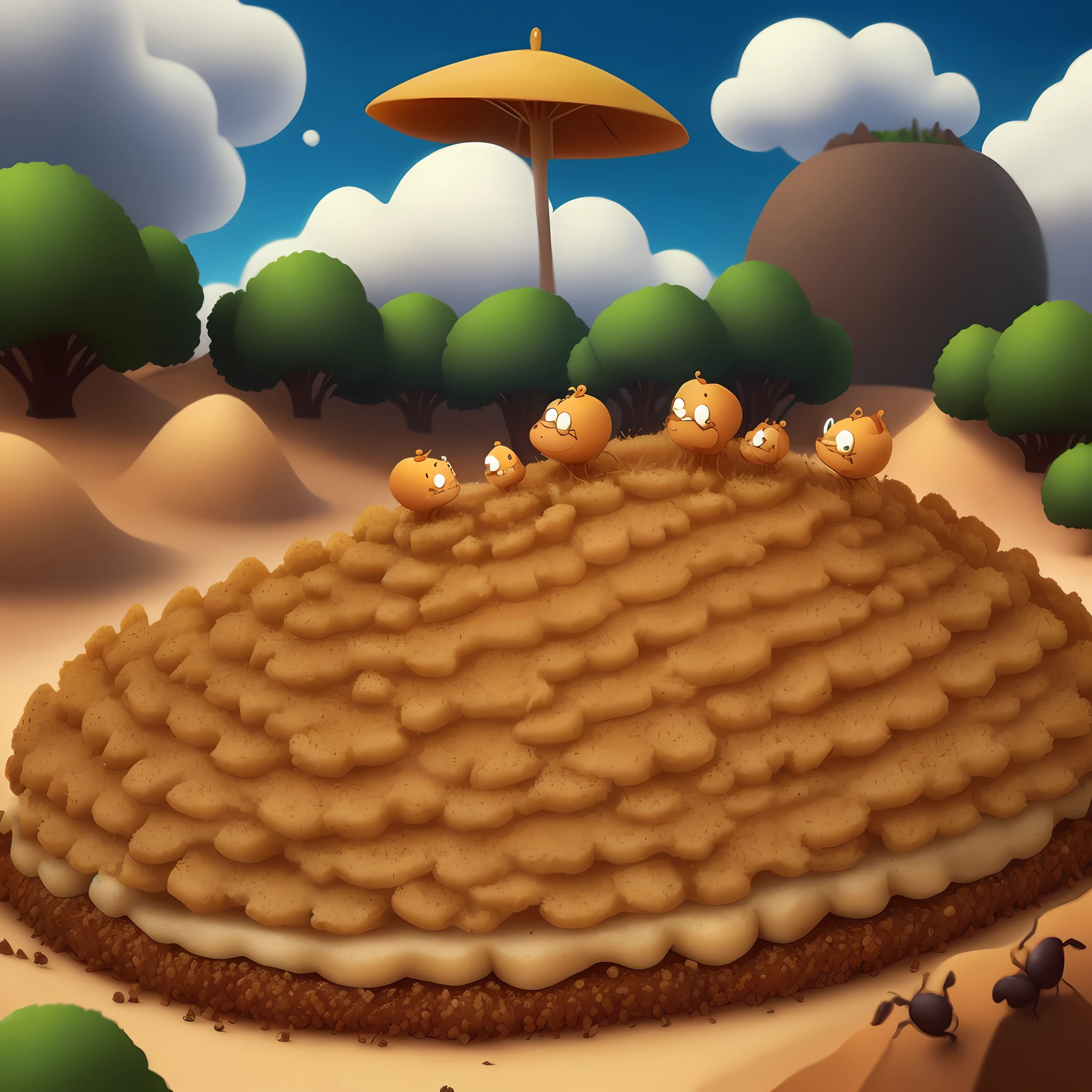 Burger in form of an anthill, dripping cheese, ants running around, zoom in, enlargement, realistic cartoon