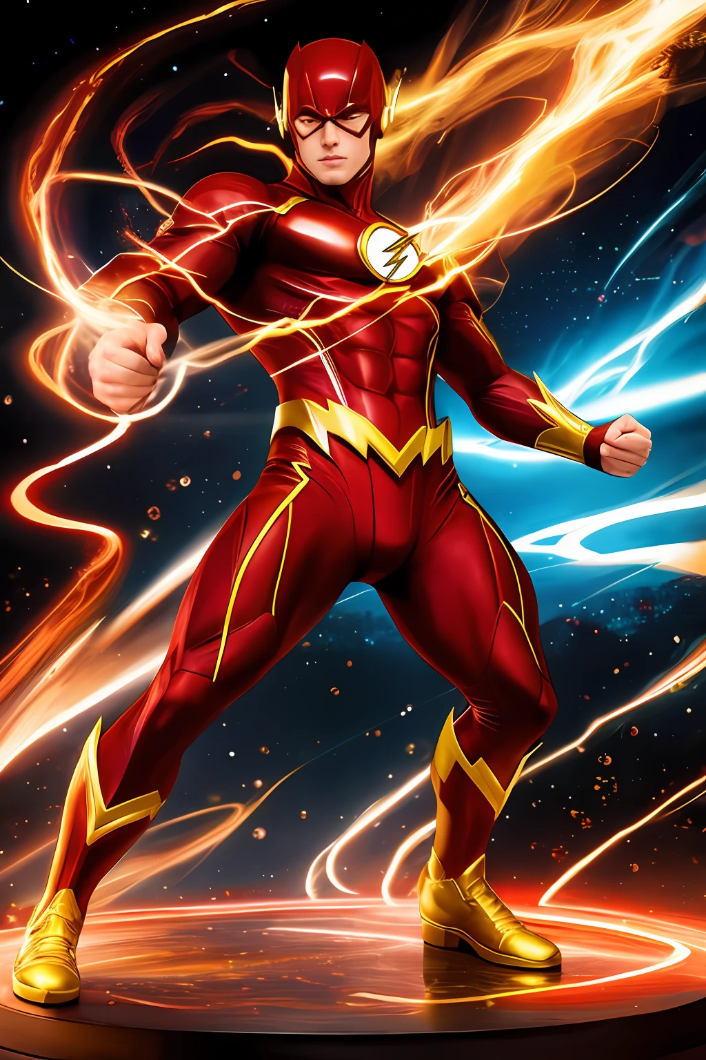 the flash from dc comics, full body::1, alex ross art, (alex ross style:0.5), alex ross art style, alex ross, speed, 4k, raw photo, best quality, masterpiece, ultra high res, (photorealistic:1.4), two hands, chinese traditional ink style, dynamic movement, dynamic pose, movement, Amazing Vector in oil painting environmental art cinematic, diorama, intricate detail, solo