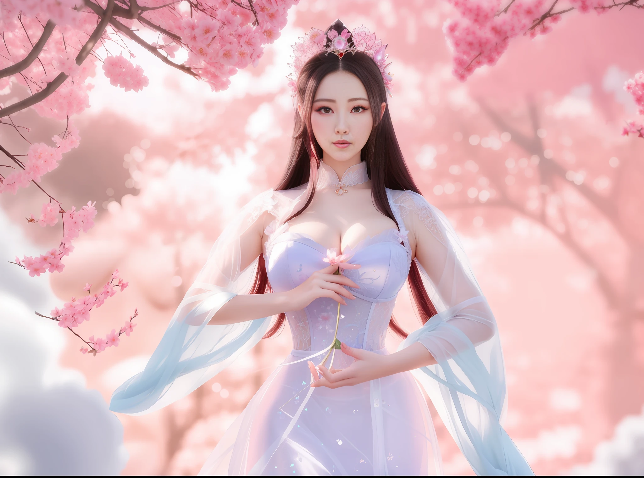 a close up of a woman in a sexy transparent lace dress gigantic cleavage breasts with a rose flower ball in her hand, a beautiful fantasy empress, ((a beautiful fantasy empress)), beautiful celestial mage, beautiful and elegant elf queen, beautiful character painting, full body xianxia, portrait knights of zodiac girl, by Yang J, g liulian art style, fantasy art style, foreshortening