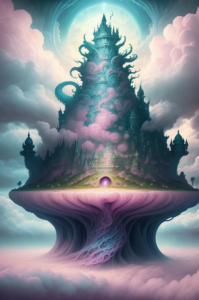 (low contrast ), colorfantasystyle  a surreal view of clouds, by Tom Froud, surreal art contest winner, dreamlike, pink clouds, rainbow skies, fluffy, whimsical, abstract clouds, fantasy, dreamworld, surreal landscapes, cloud castles, floating gardens, impossible structures, secret gardens, a journey through a dream, enchanted skies, mysterious beauty, mythical creatures