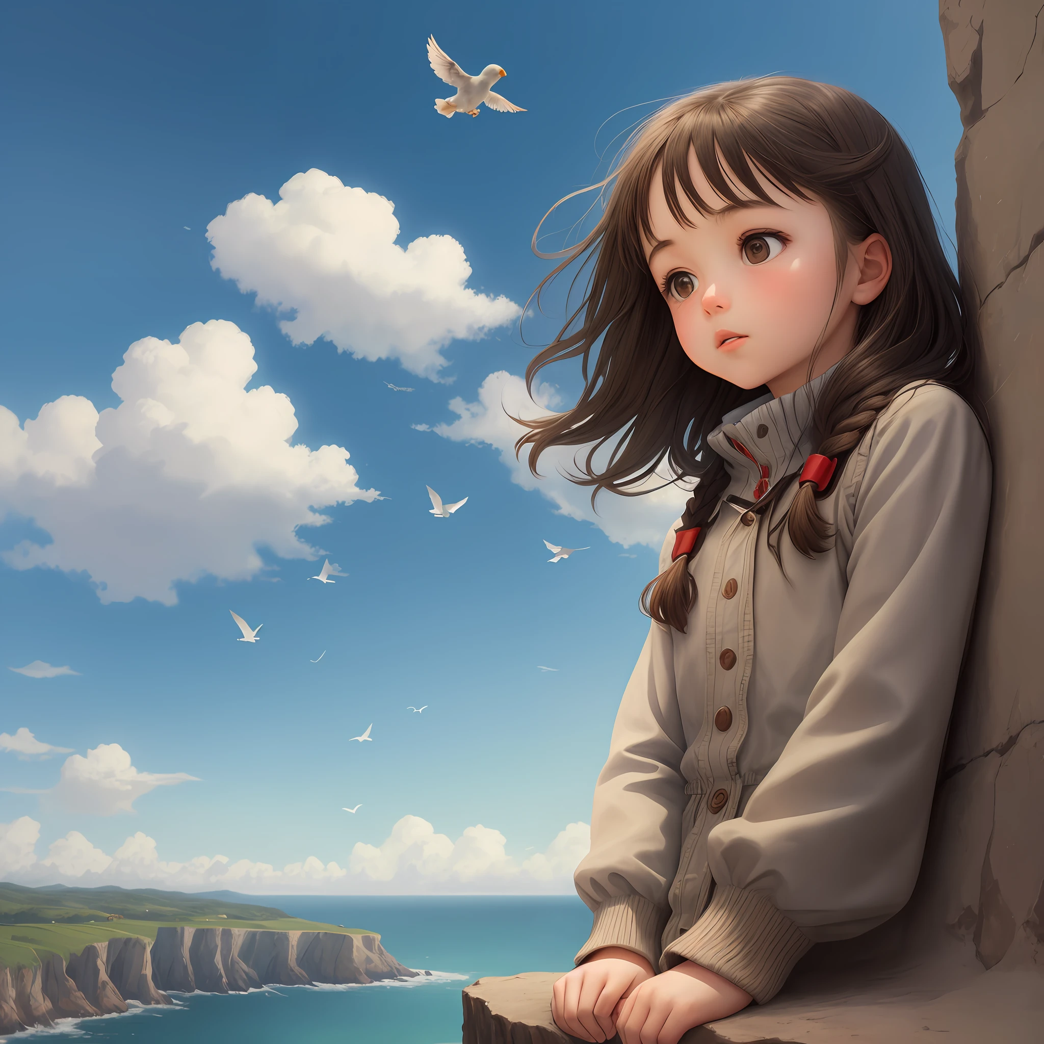Cliff, a girl looking at the sky where birds fly