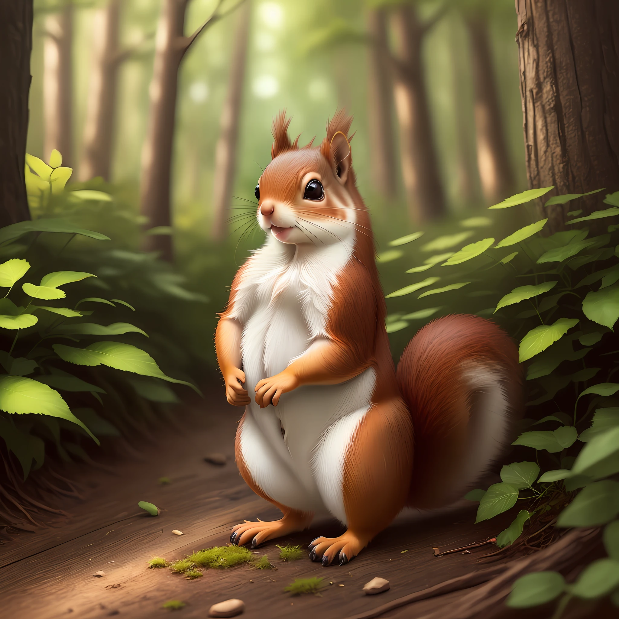 a single red squirrel, in the forest, cute, cartoon, kawaii style, ultra detailed, realistic, character, masterpiece