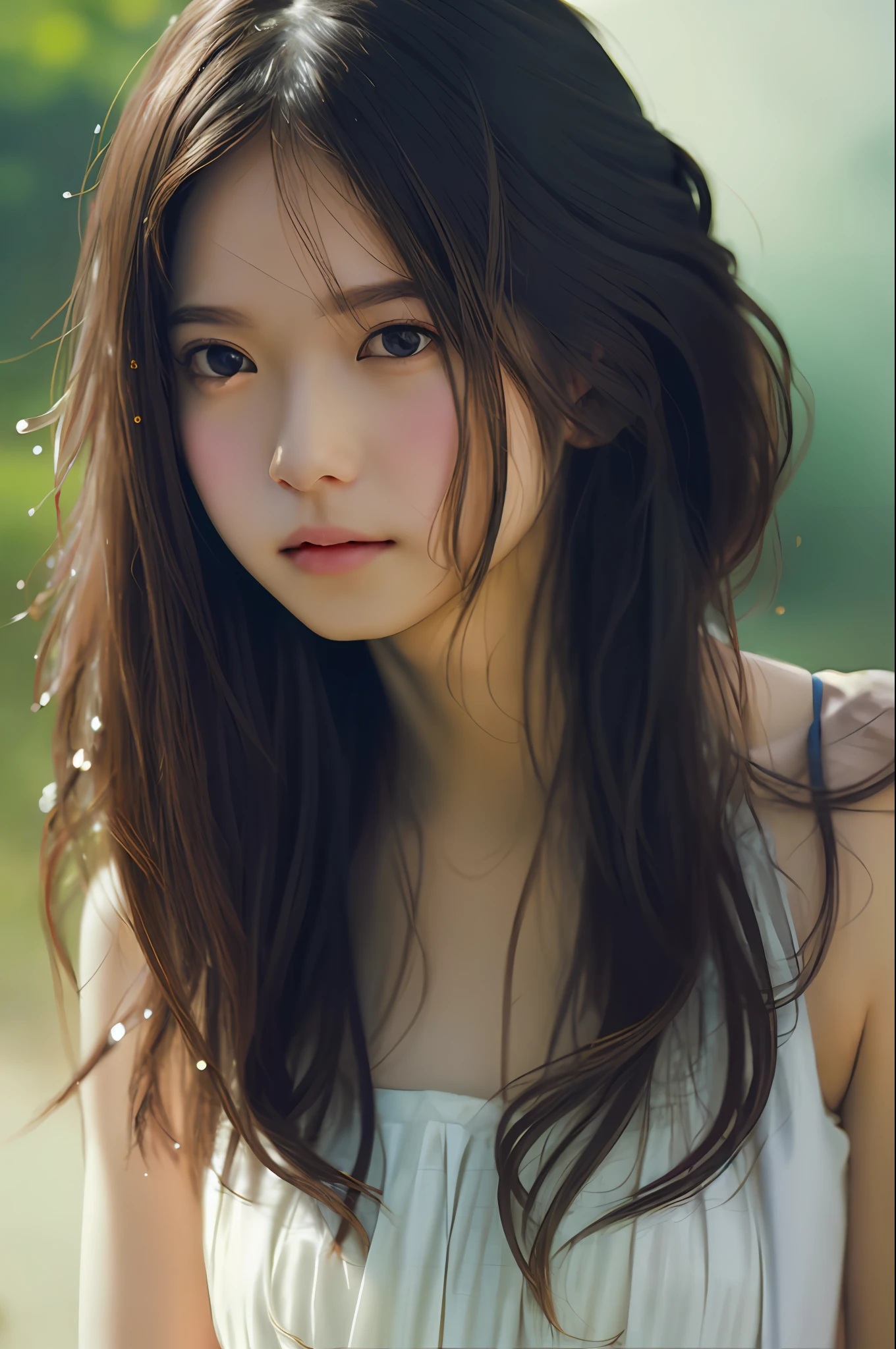 film portrait photography, 1girl, bare shoulders, wavy shoulder-length hair, serene, calm, (realistic detailed eyes, natural skin texture, realistic face details), soft dramatic lighting, depth of field, bokeh, vibrant details, finely detailed, hyperrealistic, 35mm film, hazy blur, filmg,