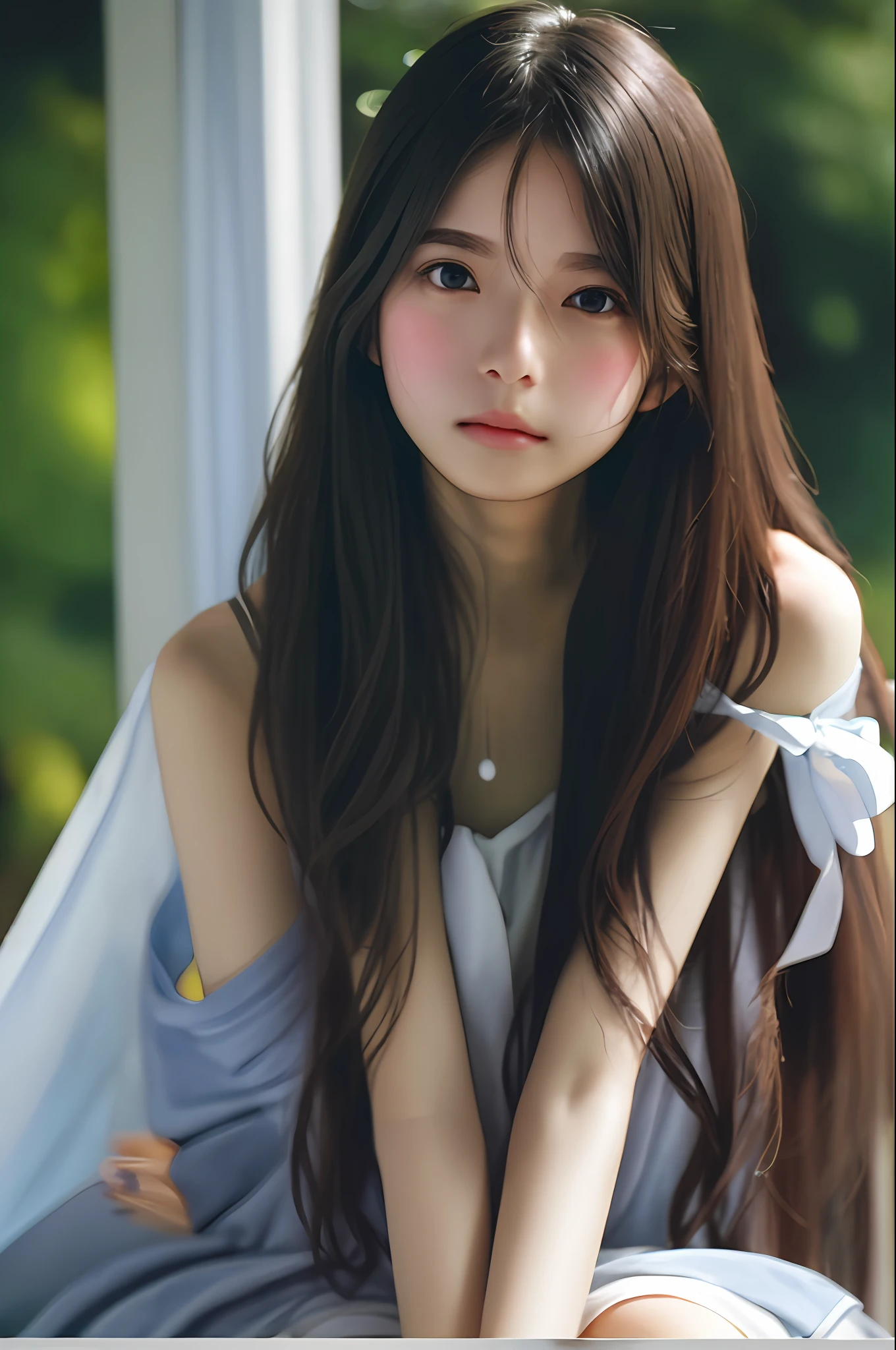 film portrait photography, 1girl, bare shoulders, wavy shoulder-length hair, serene, calm, (realistic detailed eyes, natural skin texture, realistic face details), soft dramatic lighting, depth of field, bokeh, vibrant details, finely detailed, hyperrealistic, 35mm film, hazy blur, filmg,