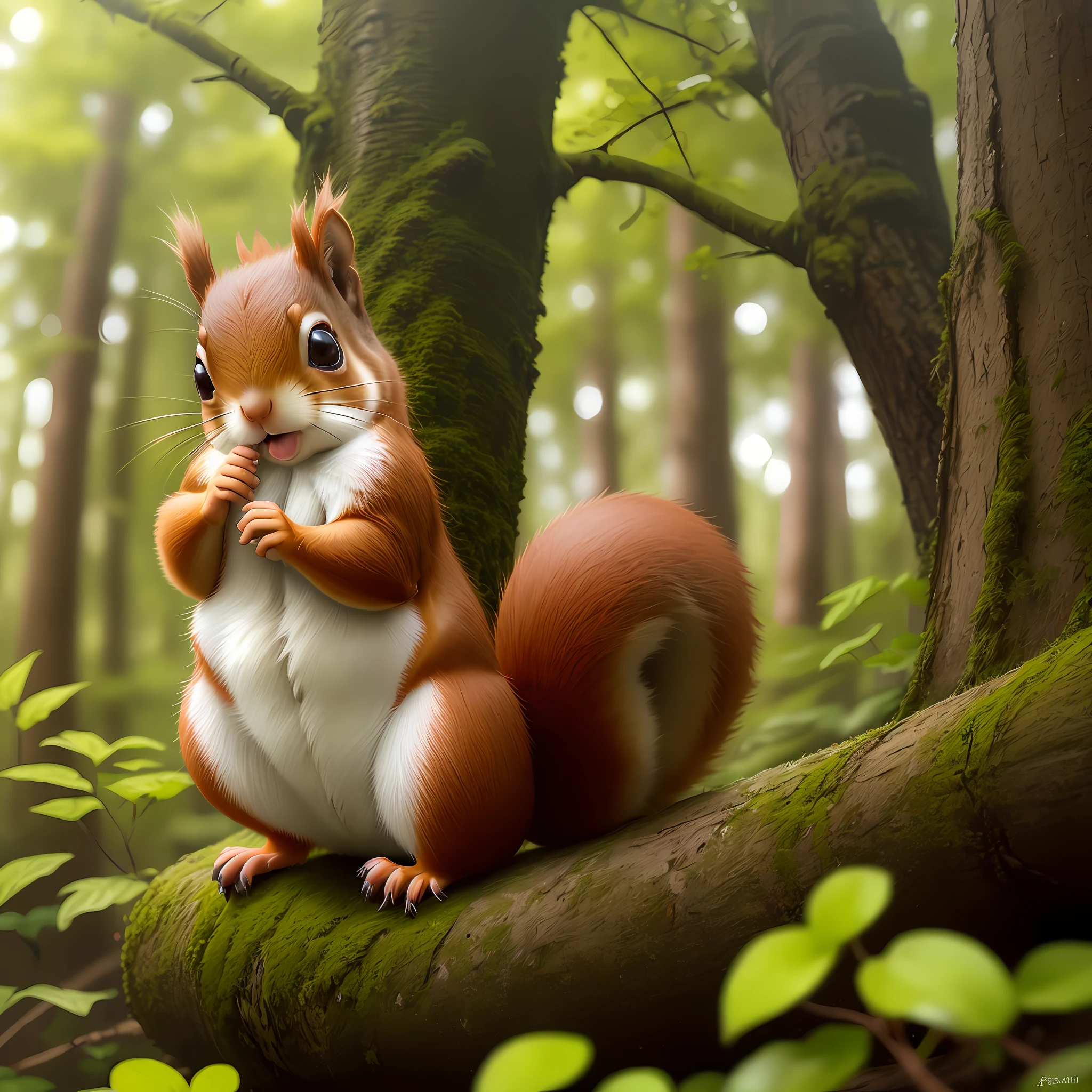 a single red squirrel, in the forest, cute, cartoon, kawaii style, ultra detailed, realistic, character, masterpiece