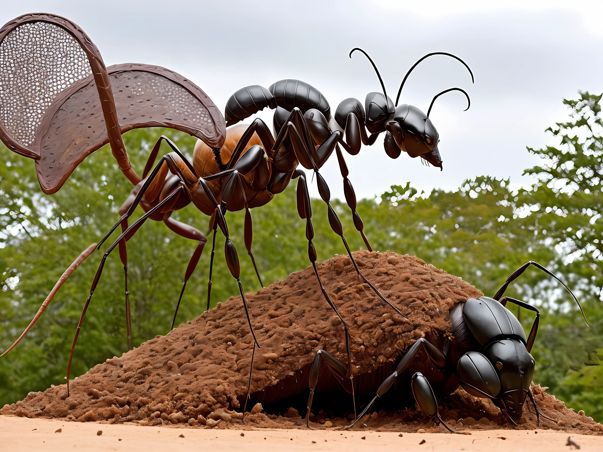 Anthill surmounted by the statue of Thaumatomyrmex atrox. The ant is covered with many stigmas. His statue covers the anthill. Side view next to a risière. Fantasy Epic Warrior