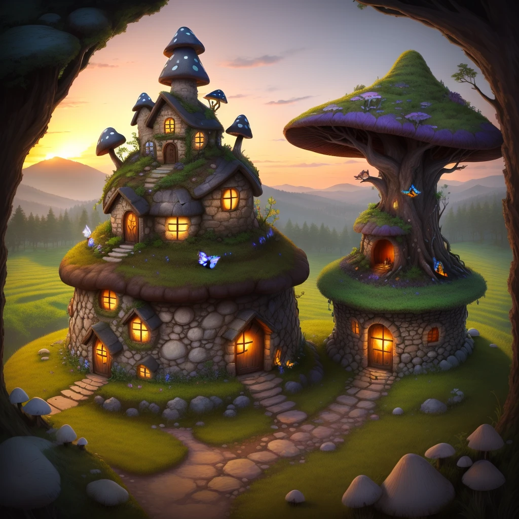 Mushroom house in a stone pile and grass pile on which stands a tree with lots of fairies and thick roots. Epic sunset in the back. 4k butterflies and fairies