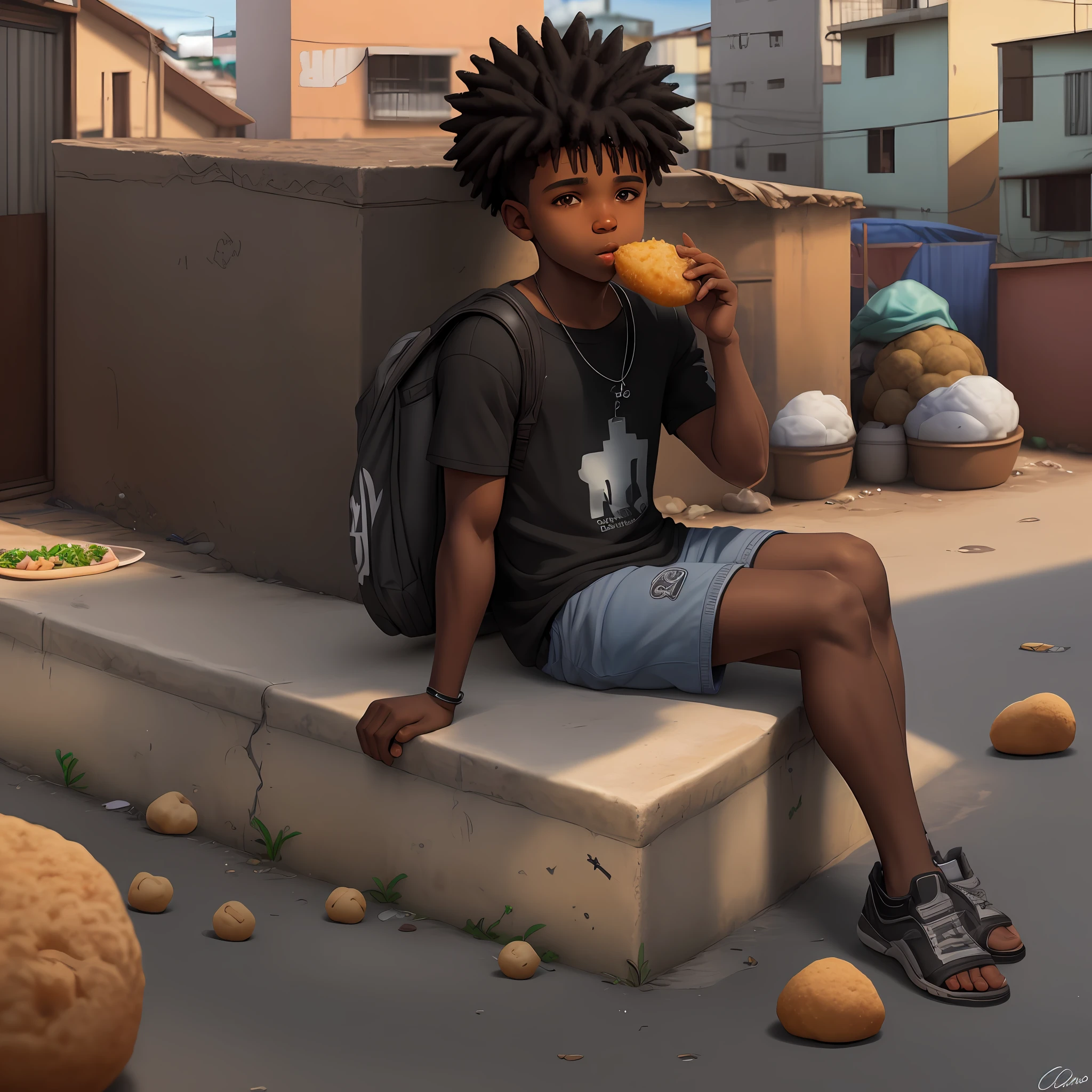 there is a black boy, sitting on the sidewalk, eating coxinha, best quality, extremely detailed 8k of CG unit, depth of field, HDR, photorealistic, favela, cordao de ouro, black boy, favela