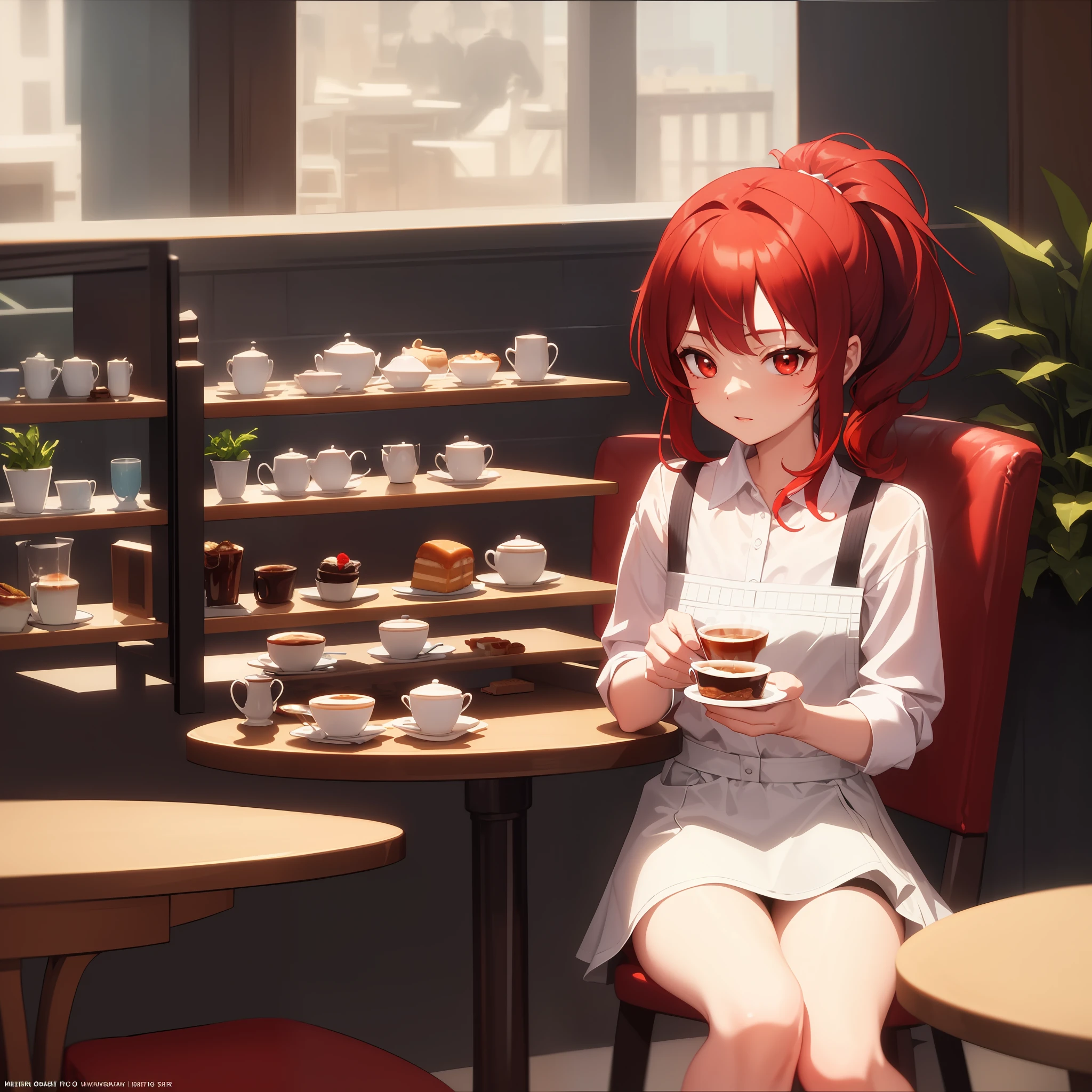 Masterpiece: 1.2), (Best Quality: 1.2), Detailed, Afternoon Time, Cafe, Afternoon Tea, Loli, Double Ponytail, Red Hair, JK, White Liquid