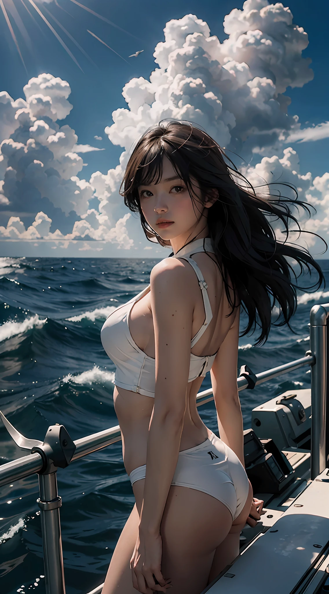 Best quality, masterpiece, super high resolution, (fidelity: 1.4), original photos, cinematic lighting, Gundam standing on an aircraft carrier, sea, blue sky and white clouds, (backlight), seagulls, wind and waves