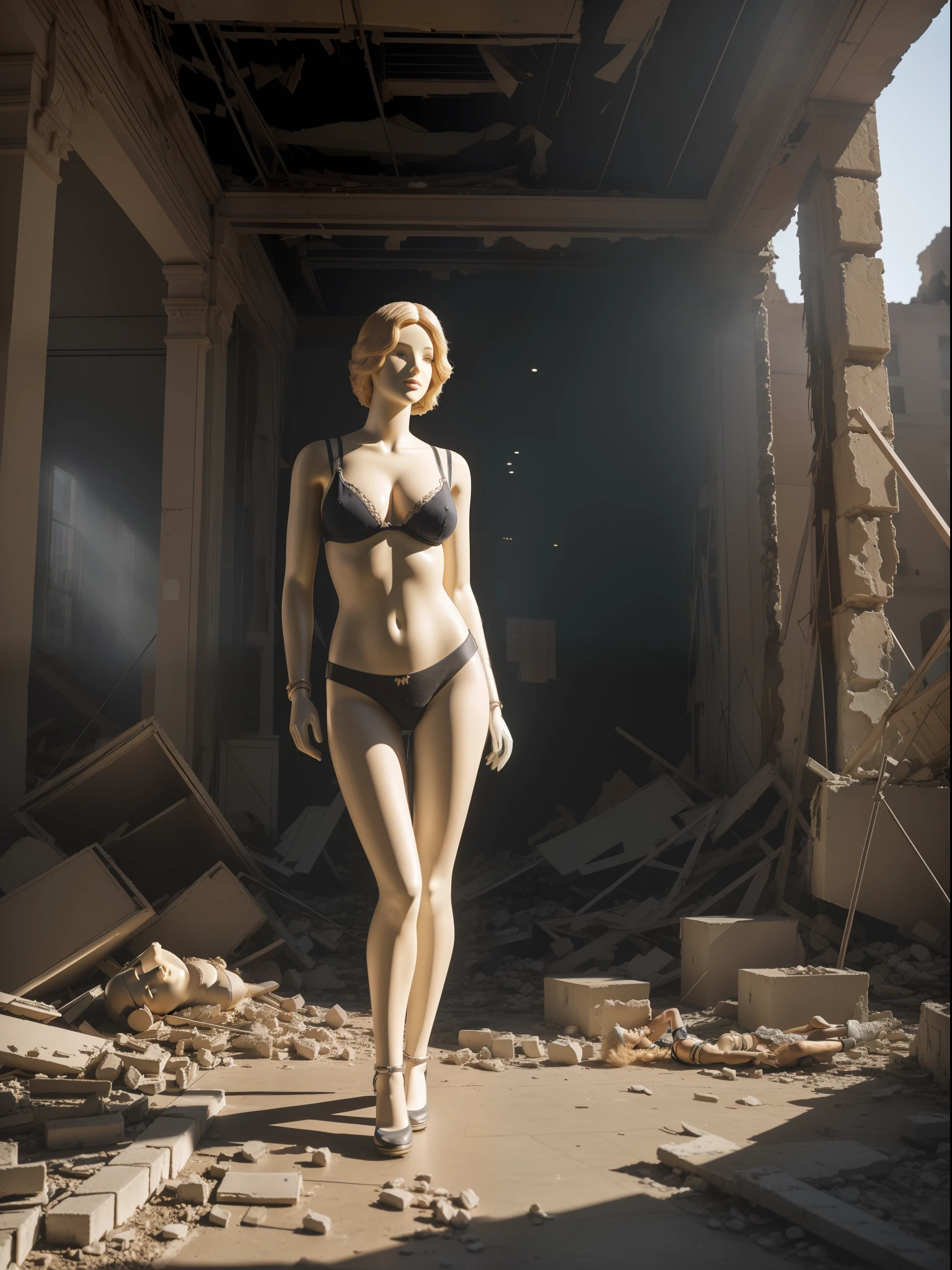 (Mejor calidad, 8k, 32k, obra maestra, UHD: 13), 1 niña, (tetas grandes: 1.2), (cabello corto ondulado), cuerpo perfecto, Mannequin, a mannequin, destroyed city, mannequin in the center of the image, faceless mannequin, female mannequin, photorealistic, vertical aspect ratio, realistic scene, war zone, destroyed city, city ruins, rubble on the floor, desolate war zone, abandoned city, mannequin with female body, details, sharp edges, RAW, full frame, Nikon z9, BNW foto, black and white scene,sunflowers growing in the rubble, mannequin in the ruins of a showcase, Mannequin into the showcase of shop, full body mannequin,