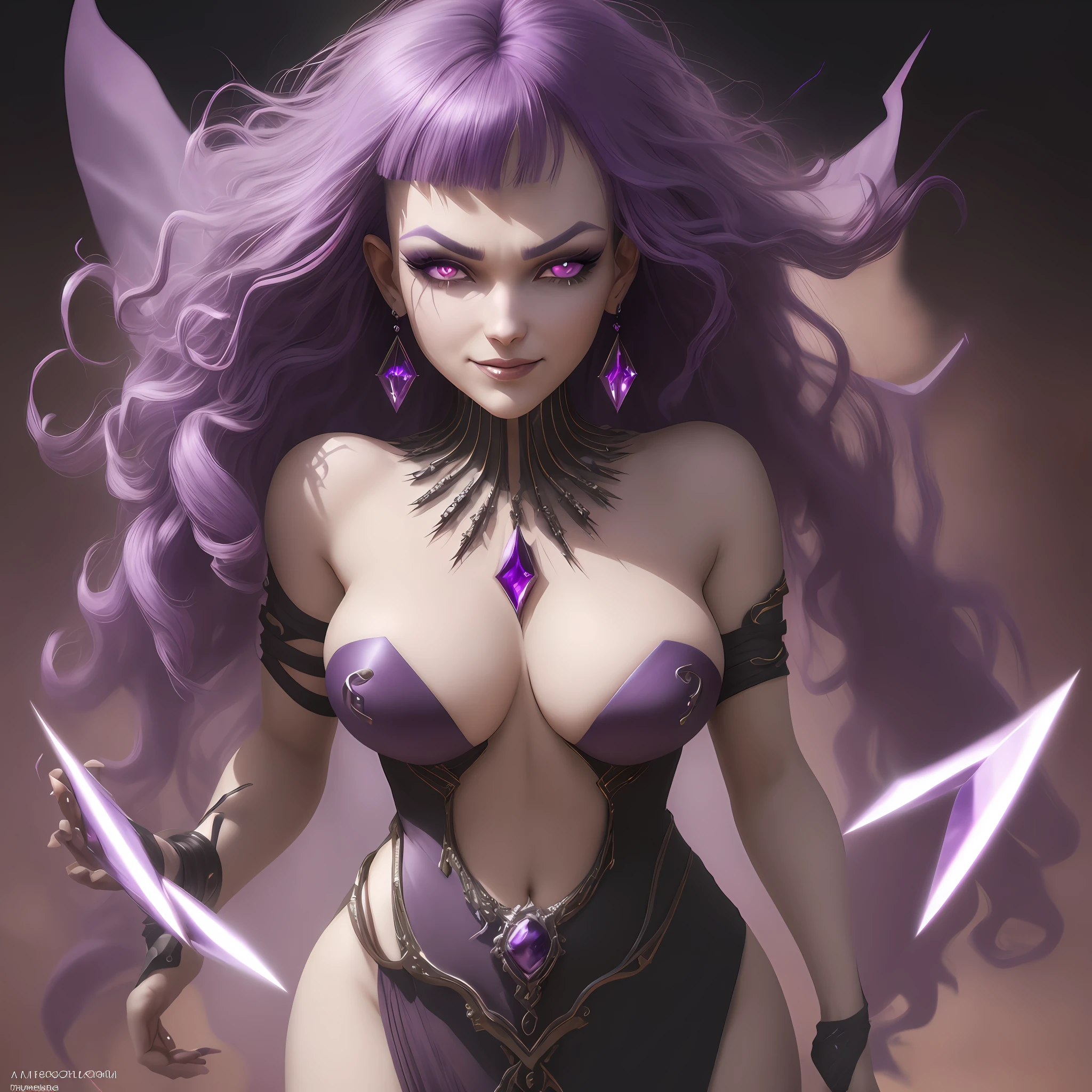 purple hair, asymmetrical hair, blunt bangs, curly hair, forehead jewel, dashed eyes, raised eyebrows, purple eyes, longeyelashes, crystal earrings, light smile, evil smile, cheek bulge, Surrealism, dutch angle, lens flare, overexposure, f/4.0, 35mm, cinematic lighting, sparkle, UHD, retina, masterpiece, ccurate, anatomically correct, textured skin, super detail, high details, high quality, award winning, best quality, highres, 1080P, HD, 4K, 8k, 16k