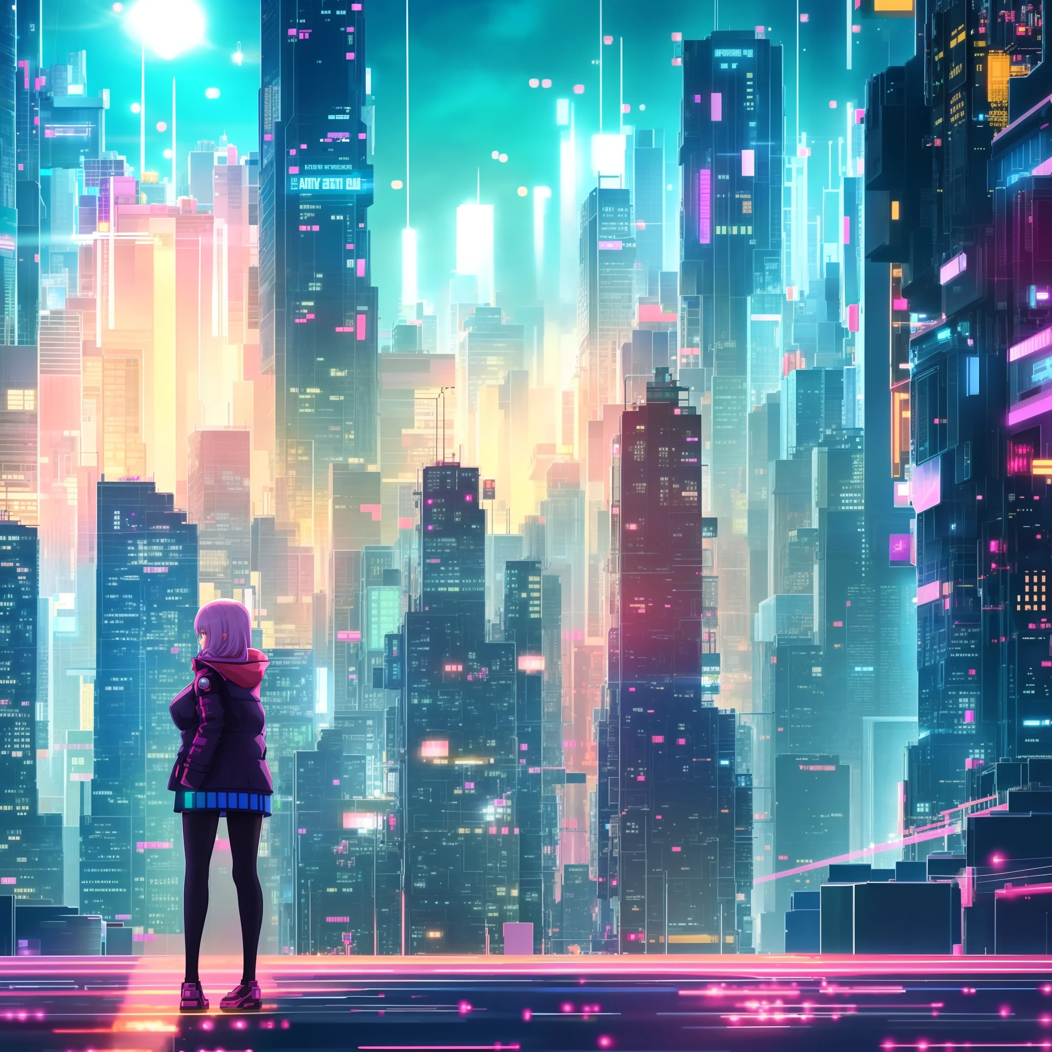 anime girl standing in front of a futuristic city at night, in a futuristic cyberpunk city, digital cyberpunk - anime art, dreamy colorful cyberpunk colors, beautiful cyberpunk city, cyberpunk art style, digital cyberpunk anime art, cyberpunk lights, cyberpunk vibrant colors, cyberpunk anime art, cyberpunk city in the distance, at an cyberpunk city, at a cyberpunk city, bright cyberpunk glow