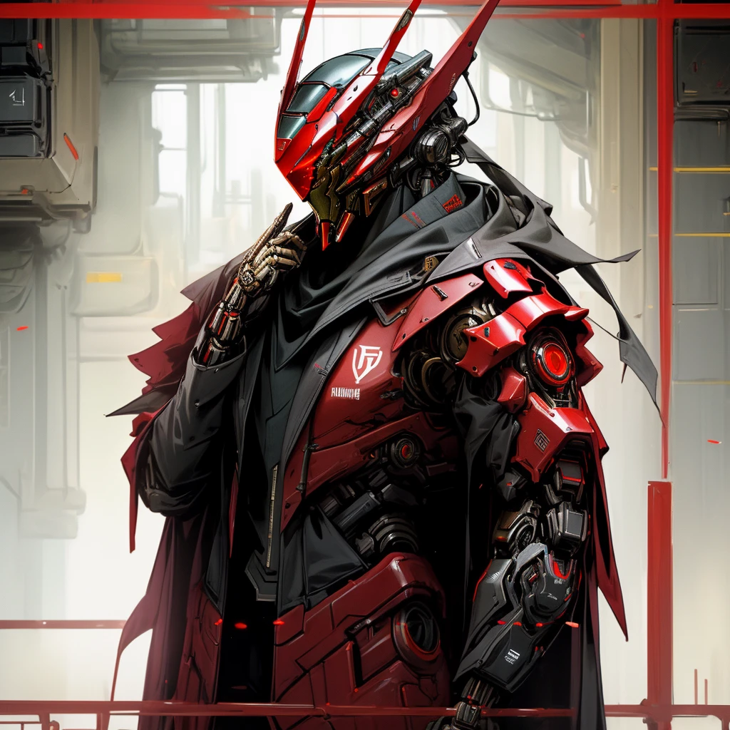 Dark_Fantasy, Cyberpunk, (Best Quality, Masterpiece), (Red: 1.1), 1 Man, Mechanical Marvel, Robot Presence, Cybernetics Guardian, Cybernetic Jacket, Villa Meadow