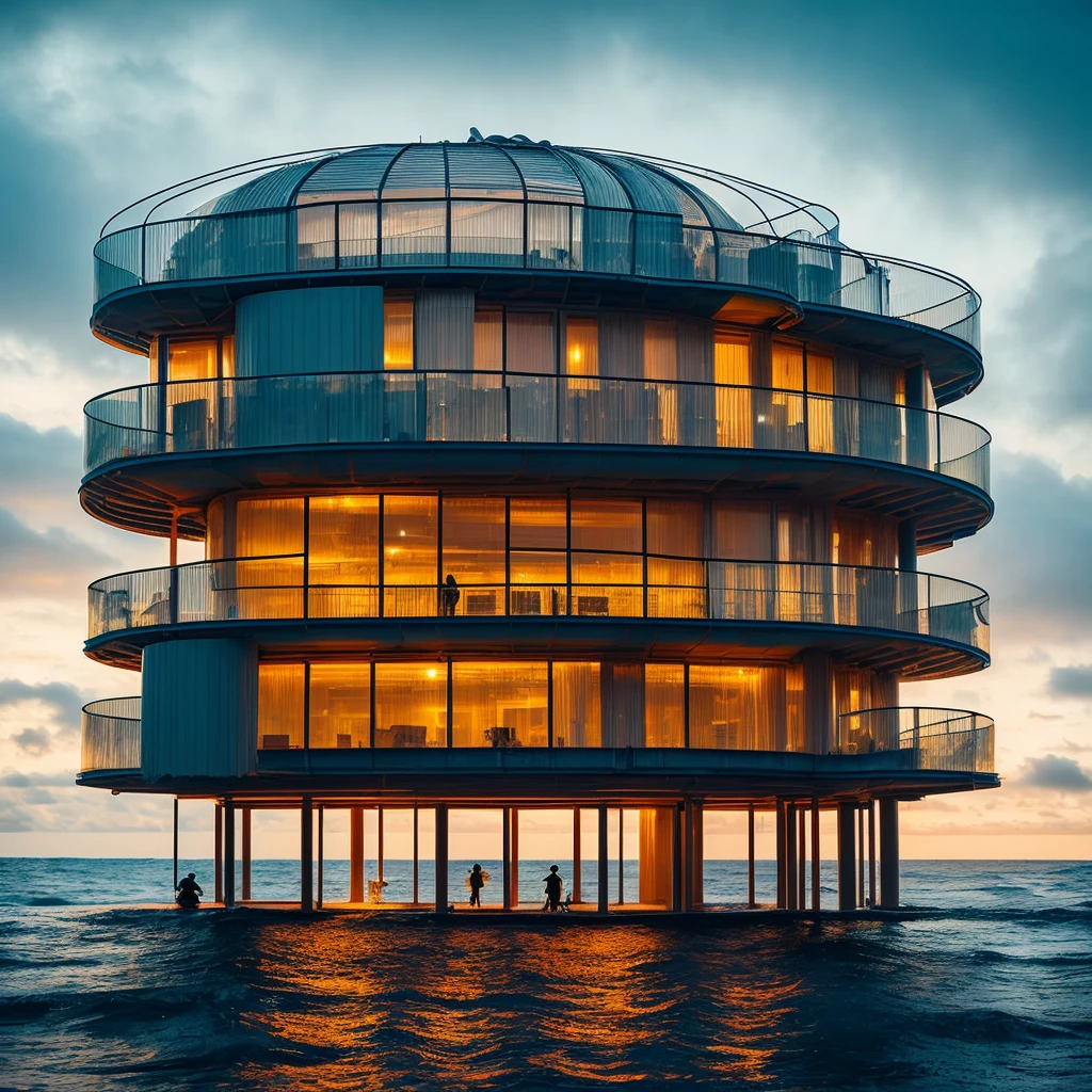 ultra hyper realistic award winning 4 story oval cylinder curved wonky narrow tower building built in the ocean with giant pillar tubes holding the building up by itself alone in the middle of the ocean of water stretchable clear fabricated walls outside made from random built scaffolding, plastic corrugated tubing recycled material of plastic exoskeleton transparent plastic netting wraparound the building blown in wind making bubble shapes post apocalyptic structure and bubble plastic blown by heavy wind sheets distorted shapes as windows on choppy water ocean, inside are muted warm lights of mix colours red yellow shining, structure standing on a ocean in complete darkness of night, raining is pouring, wet and stormy, a outside people walking around, silhouette of people sitting down reading books people inside the rooms lots of people fishing from the rooms dramatic, dark, sharp focus, 8k