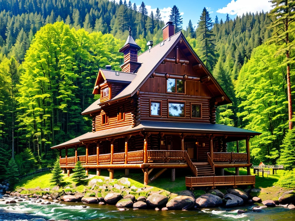 huge wooden log house in Slavic style, well sunlit, porch, carved window platbands, small turrets, terem, Slavic house, wood carvings, by the river against a pine forest background, sunny summer day