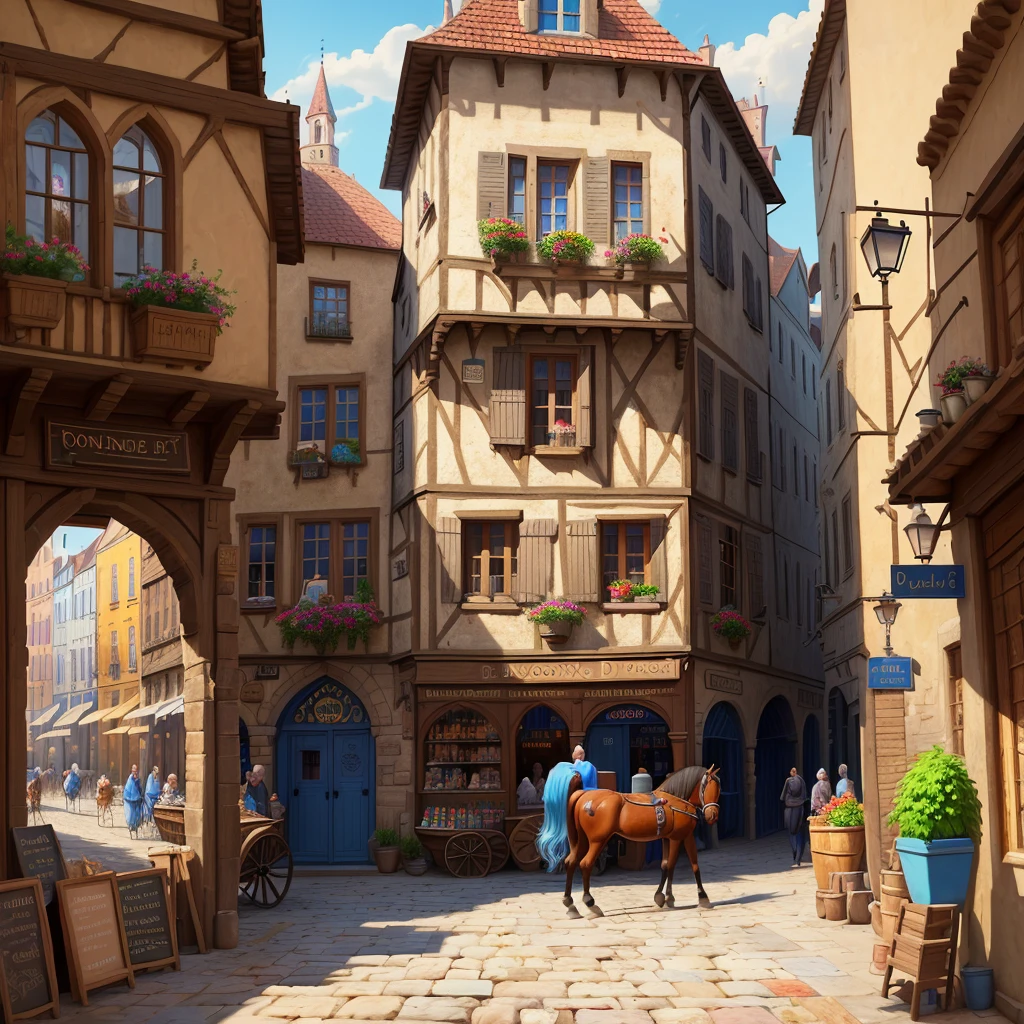 DND Best Quality Masterpiece Atmospheric Digital Painting Artwork 4K 8K Highly Detailed Colorful Affulence (Beautiful Winding Medieval City Street: 1.2) Plaster Shop Bistro People Market Horses (Bright Morning Light: 1.1) Particle Clear Blue Sky Mat Painting, Key Visual Anime Background Screenshot