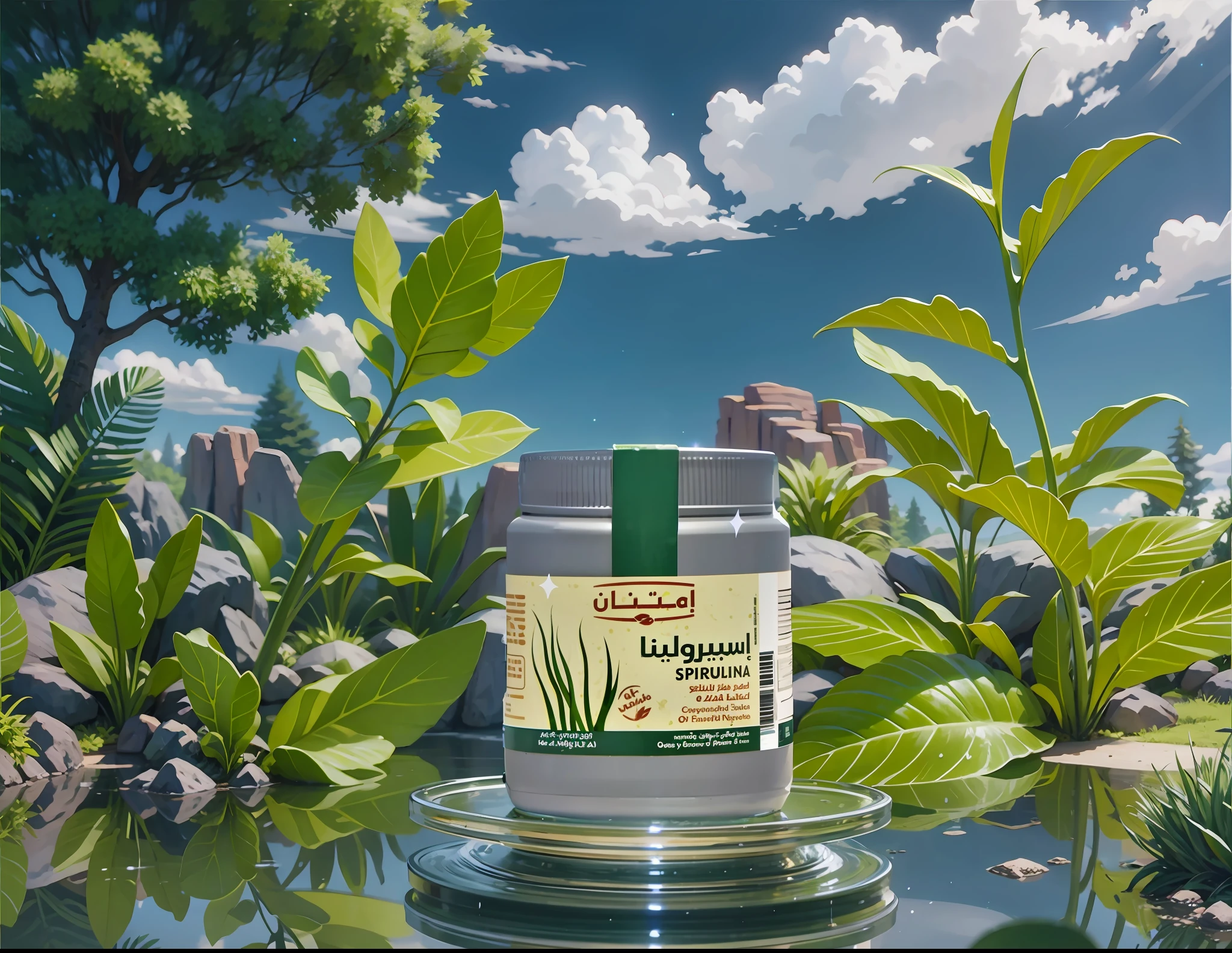 product photography ,water splash, super food, ultra detailed,ultra quality, hyper-realistic scene, retain the original appearance , generate a good-looking background atmosphere, Product photography, arranged with plants and herbs, realistic, light background, realistic rendering, blue sky background, water , Sunlight, Low View, Blender, Product Rendering, HD 8K Illustration of a hyperrealistic , sparkles, otherworldly, ultrasky scene featuring a giant crystal tree full body,very detailed and magical lighting, intricate forest details, vegetation and river around, solarpunk ,landscape, giant tree, beatifull leafy with beautiful lighting and realistic proportions, as if it were a cinematic background, 8k, highest quality, masterpiece, clouds and stars in the sky.