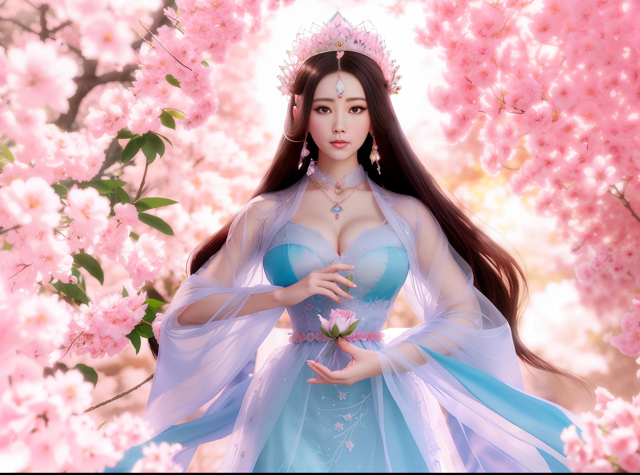 a close up of a woman in a sexy transparent lace dress gigantic cleavage breasts with a rose flower ball in her hand, head jewelry, necklace , a beautiful fantasy empress, ((a beautiful fantasy empress)), beautiful celestial mage, beautiful and elegant elf queen, beautiful character painting, full body xianxia, portrait knights of zodiac girl, by Yang J, g liulian art style, fantasy art style, foreshortening