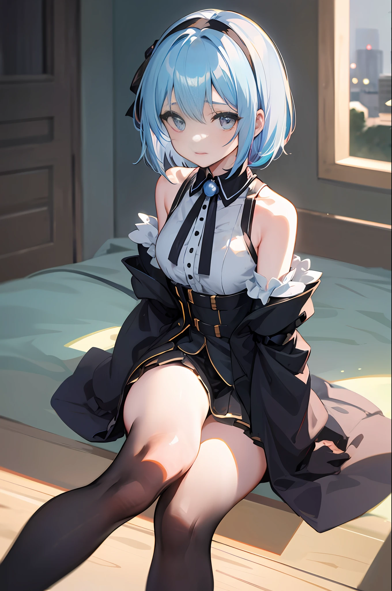 1 girl, all-in-one, Western-style building, girder belt, light blue hair, black hair band (inside the hair), ashime bob, short hair, walking, beautiful eyes, detailed fabric texture, light eyes, side hair (long), five-fingered, hair band (black), beautiful and detailed face, round eyes, bolero with sleeves, sitting, no shoulders, tights,