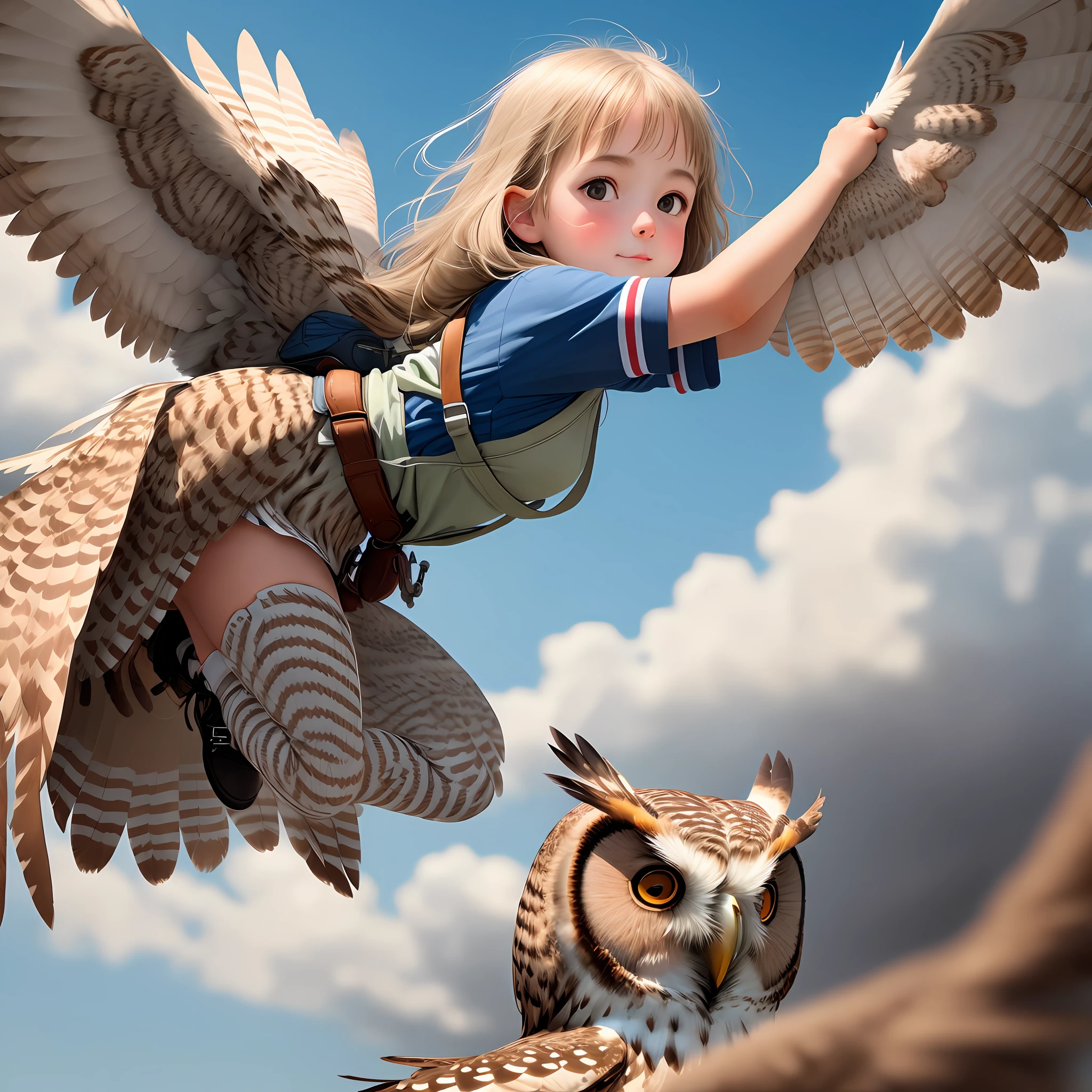 Girl flying, on the back of an owl