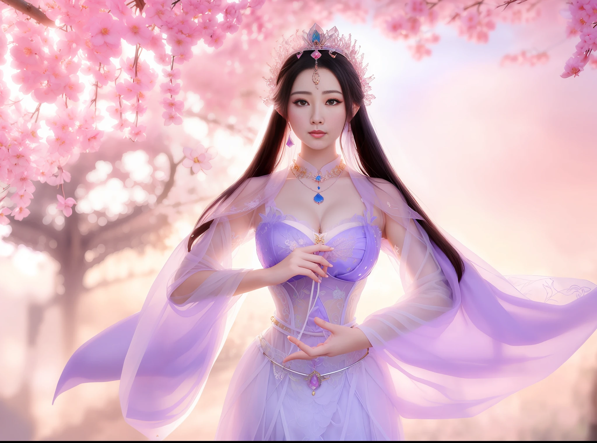 a close up of a woman in a sexy transparent lace armor gigantic cleavage breasts with a lotus flower in her hand, head jewelry, necklace , a beautiful fantasy empress, ((a beautiful fantasy empress)), beautiful celestial mage, beautiful and elegant elf queen, beautiful character painting, full body xianxia, portrait knights of zodiac girl, by Yang J, g liulian art style, fantasy art style, foreshortening