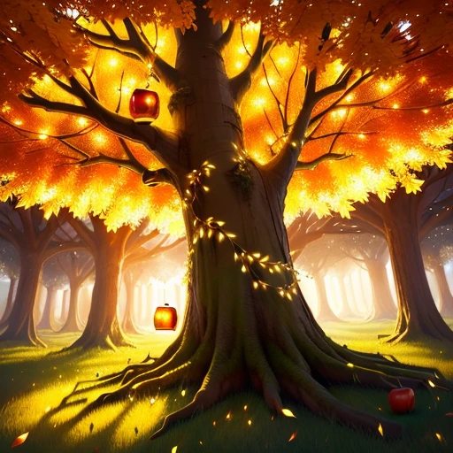 Magical wonder tree that glows in a golden shine. Afternoon. Golden apples are between the leafs. Golden particle in the air. 16k. High resolution