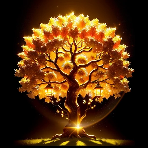 Magical wonder tree that glows in a golden shine. Afternoon. Golden apples are between the leafs. Golden particle in the air. 16k. High resolution