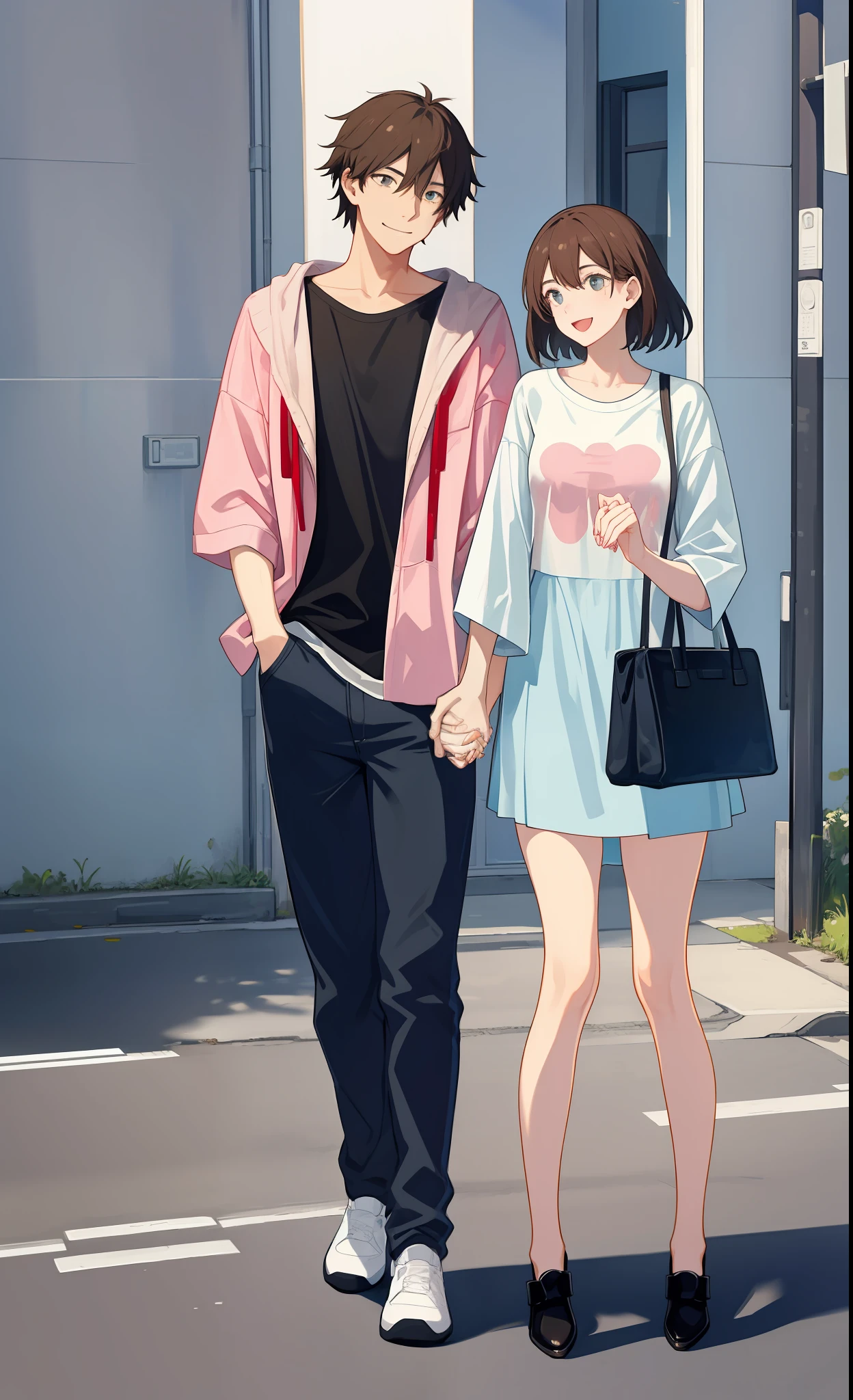 masterpiece, best quality, 2others, couple, 1man with 1woman, Height difference, happy, love, smile, casual clothes, oversized shirt, modern urban street, holding hands