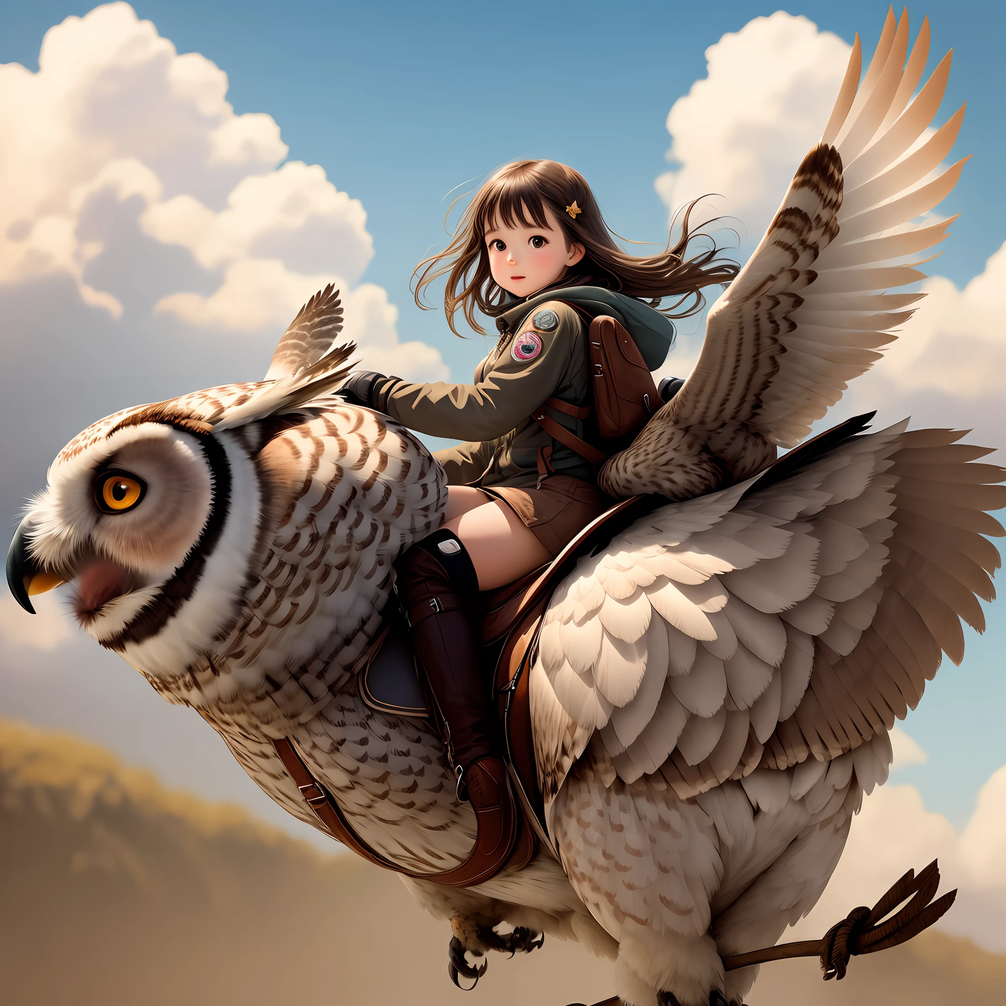 Girl flying on the back of an owl