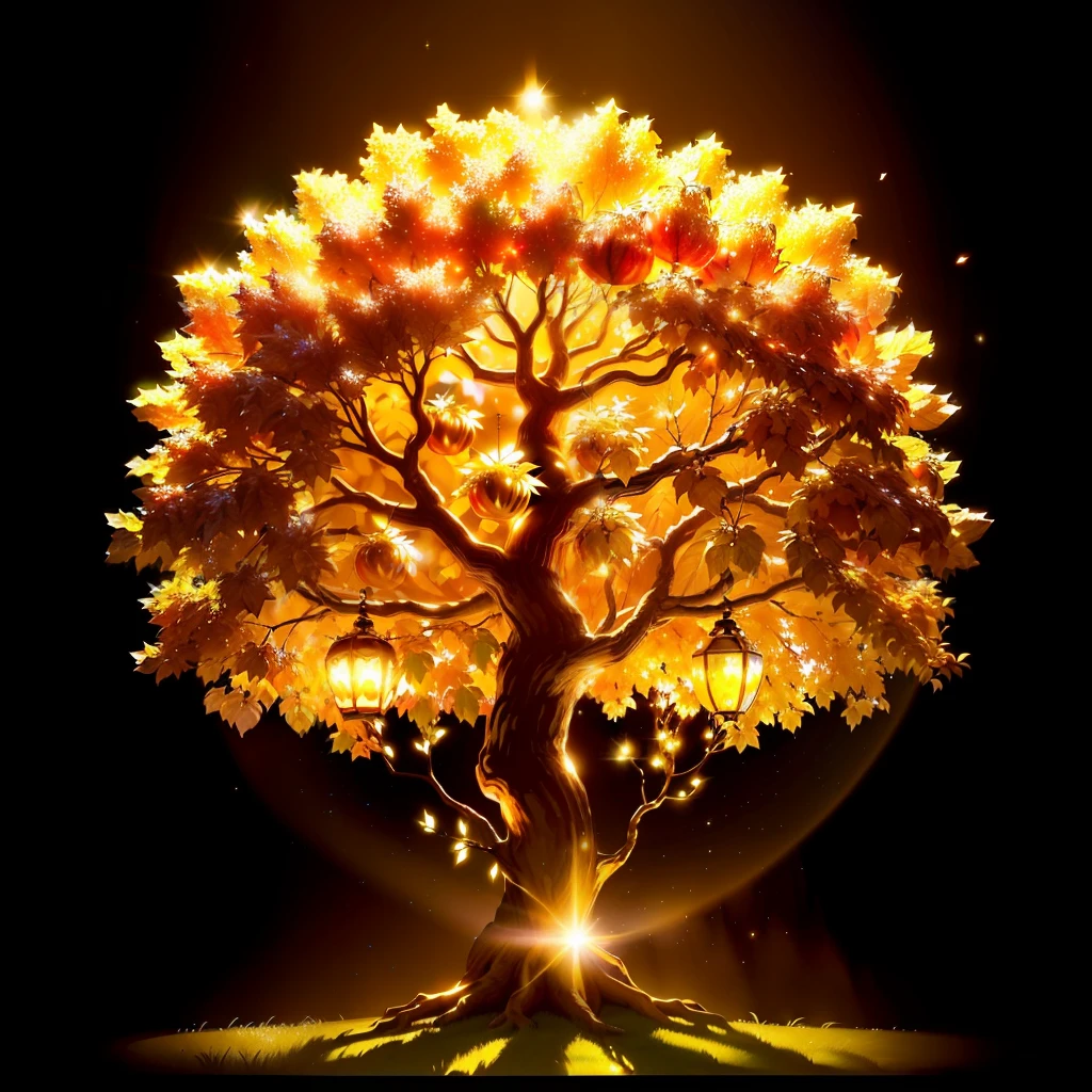 Magical wonder tree that glows in a golden shine. Afternoon. Golden apples are between the leafs. Golden particle in the air. 16k. High resolution