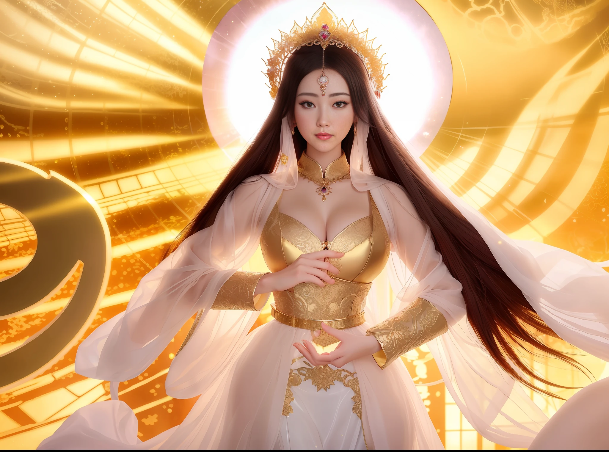 a close up of a woman in a sexy transparent gold lace armor gigantic cleavage breasts with a lotus flower in her hand, head jewelry, necklace , gold belt, a beautiful fantasy empress, ((a beautiful fantasy empress)), beautiful celestial mage, beautiful and elegant elf queen, beautiful character painting, full body xianxia, portrait knights of zodiac girl, by Yang J, g liulian art style, fantasy art style, foreshortening