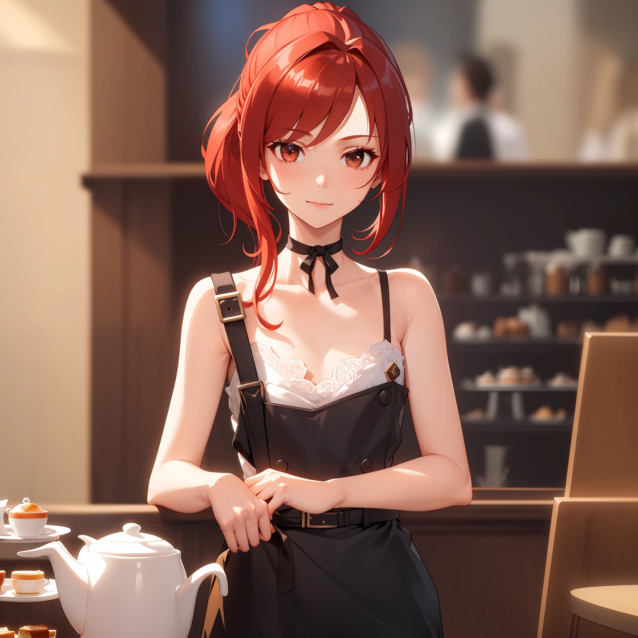 Masterpiece: 1.2), (Best Quality: 1.2), Detailed, Lunchtime, Cafe, Afternoon Tea, Beautiful Girl, Tall, Double Ponytail, Redhead, Cute, Flat Chest, Poor