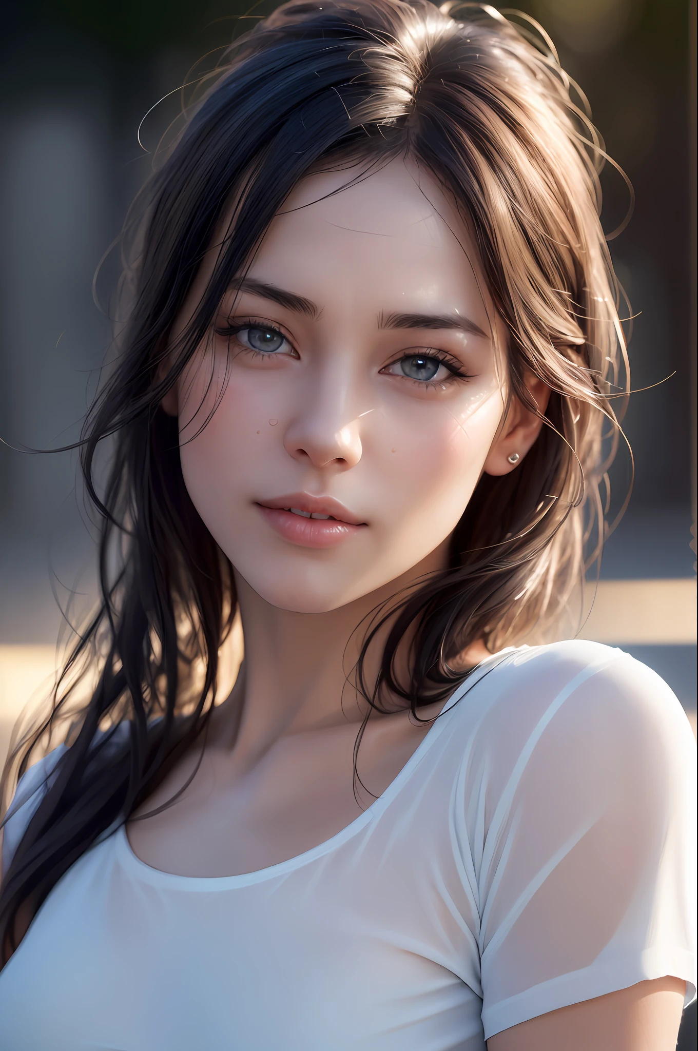 dressed, (photo realistic:1.4), (hyper realistic:1.4), (realistic:1.3), (smoother lighting:1.05), (increase cinematic lighting quality:0.9), 32K, 1girl,20yo girl, realistic lighting, backlighting, light on face, ray trace, (brightening light:1.2), (Increase quality:1.4), (best quality real texture skin:1.4), finely detailed eyes, finely detailed face, finely quality eyes, (tired and sleepy and satisfied:0.0), face closeup, t-shirts, (Increase body line mood:1.1), (Increase skin texture beauty:1.1)