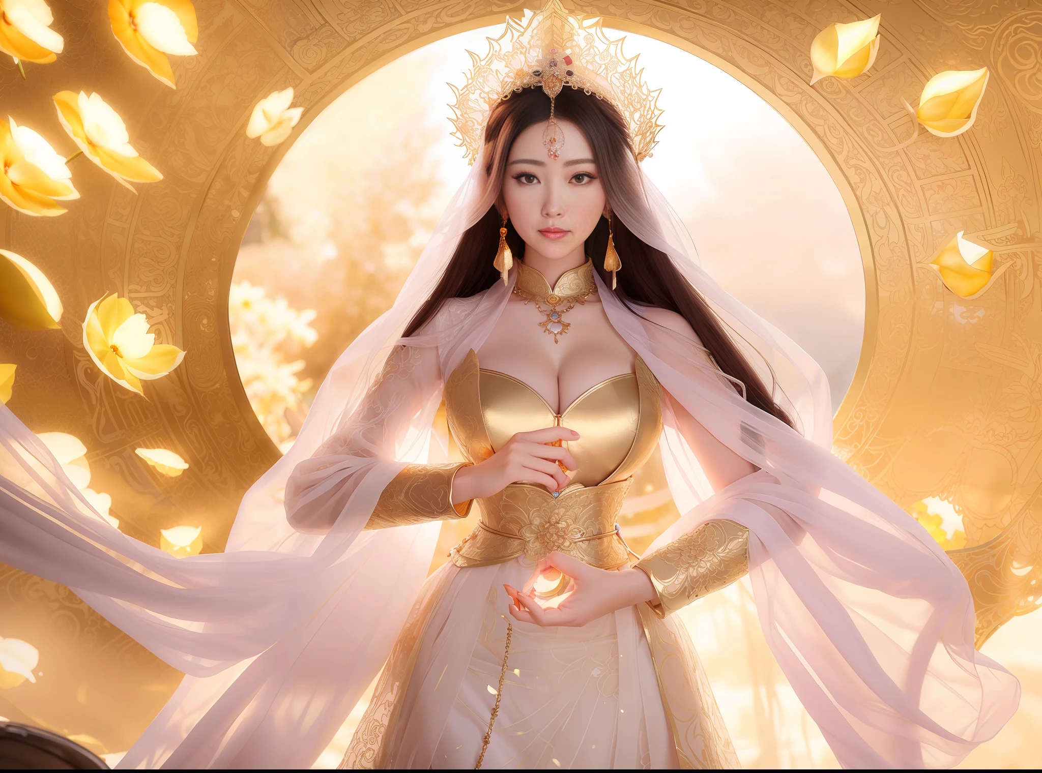 a close up of a woman in a sexy transparent gold lace armor gigantic cleavage breasts with a lotus flower in her hand, head jewelry, necklace , gold belt, a beautiful fantasy empress, ((a beautiful fantasy empress)), beautiful celestial mage, beautiful and elegant elf queen, beautiful character painting, full body xianxia, portrait knights of zodiac girl, by Yang J, g liulian art style, fantasy art style, foreshortening