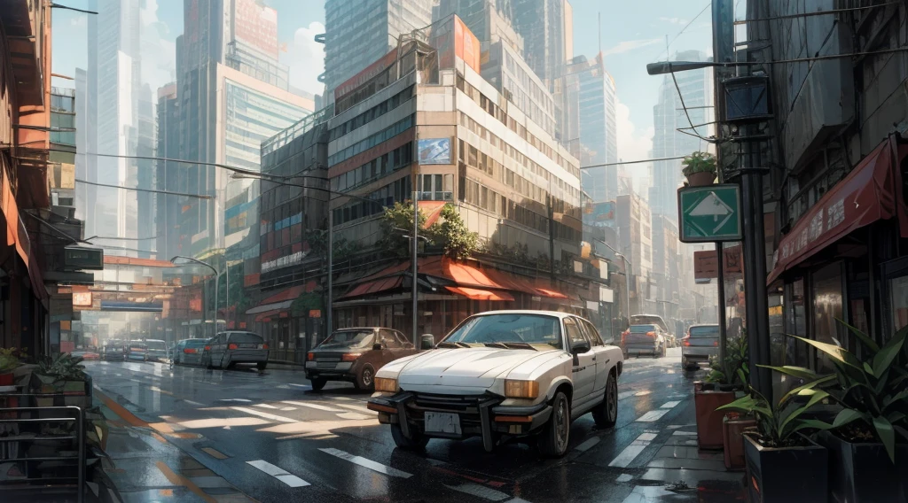 cyberpunk, city, outdoor, lamppost, street, building, skyscraper, cars, road, road sign, summer cafe, brick wall, potted plant, plant,