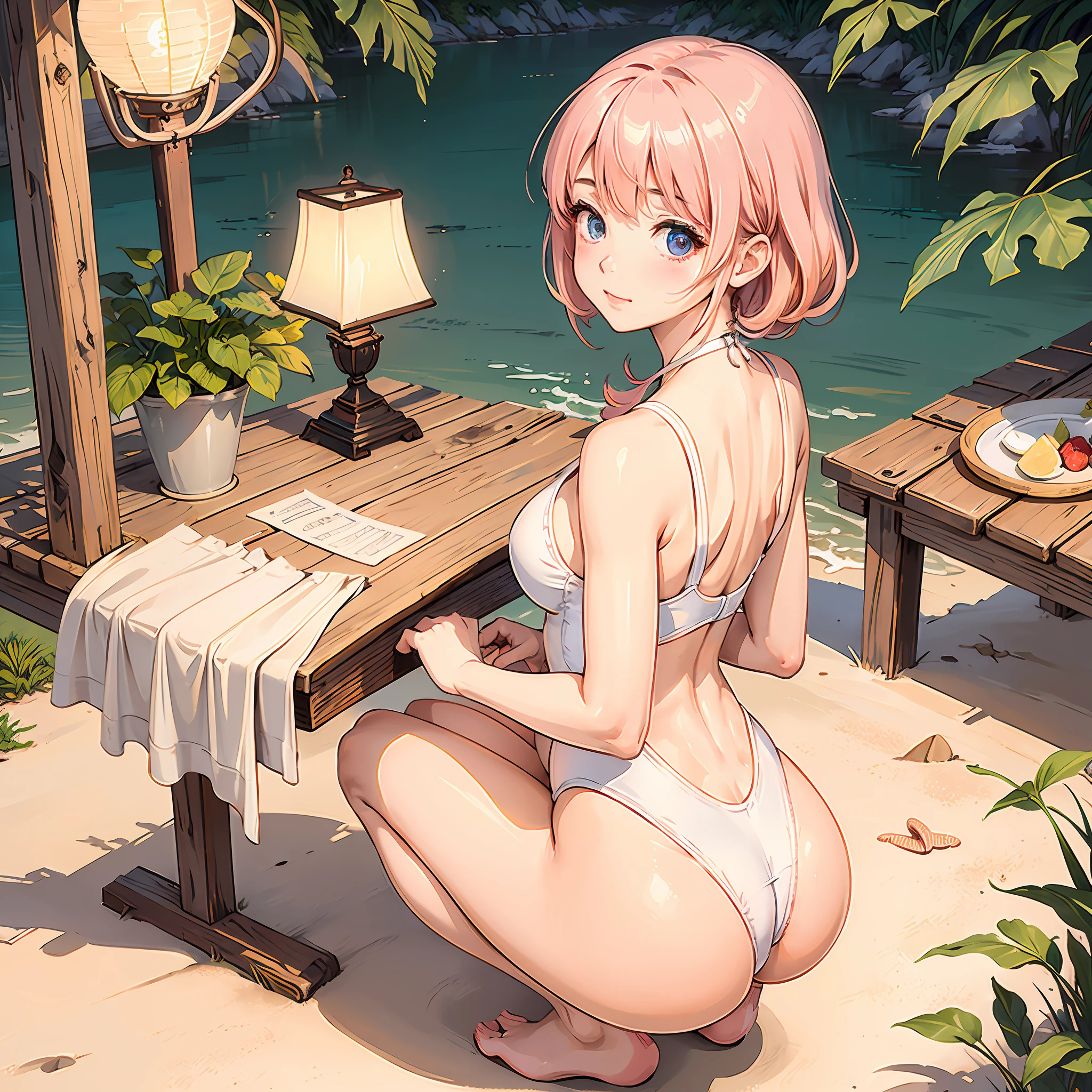 (masterpiece, sidelighting, finely detailed beautiful eyes: 1.2), 1girl, solo, heart, from behind,white leotard swimsuit ,beach, dawn ,lamp light, pink hair, squatting