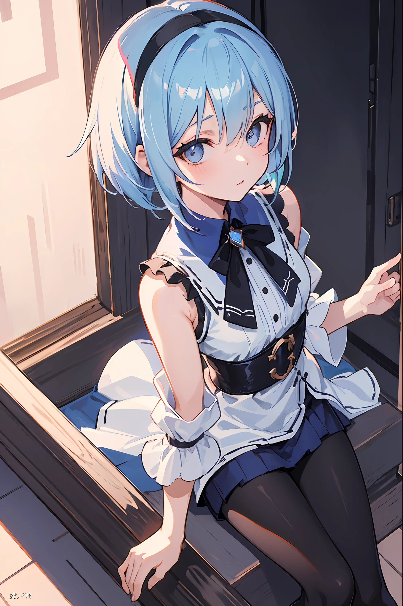 1 girl, all-in-one, Western-style building, girder belt, light blue hair, black hair band (inside the hair), ashime bob, short hair, walking, beautiful eyes, detailed fabric texture, light eyes, side hair (long), five-fingered, hair band (black), beautiful and detailed face, round eyes, bolero with sleeves, sitting, no shoulders, tights,