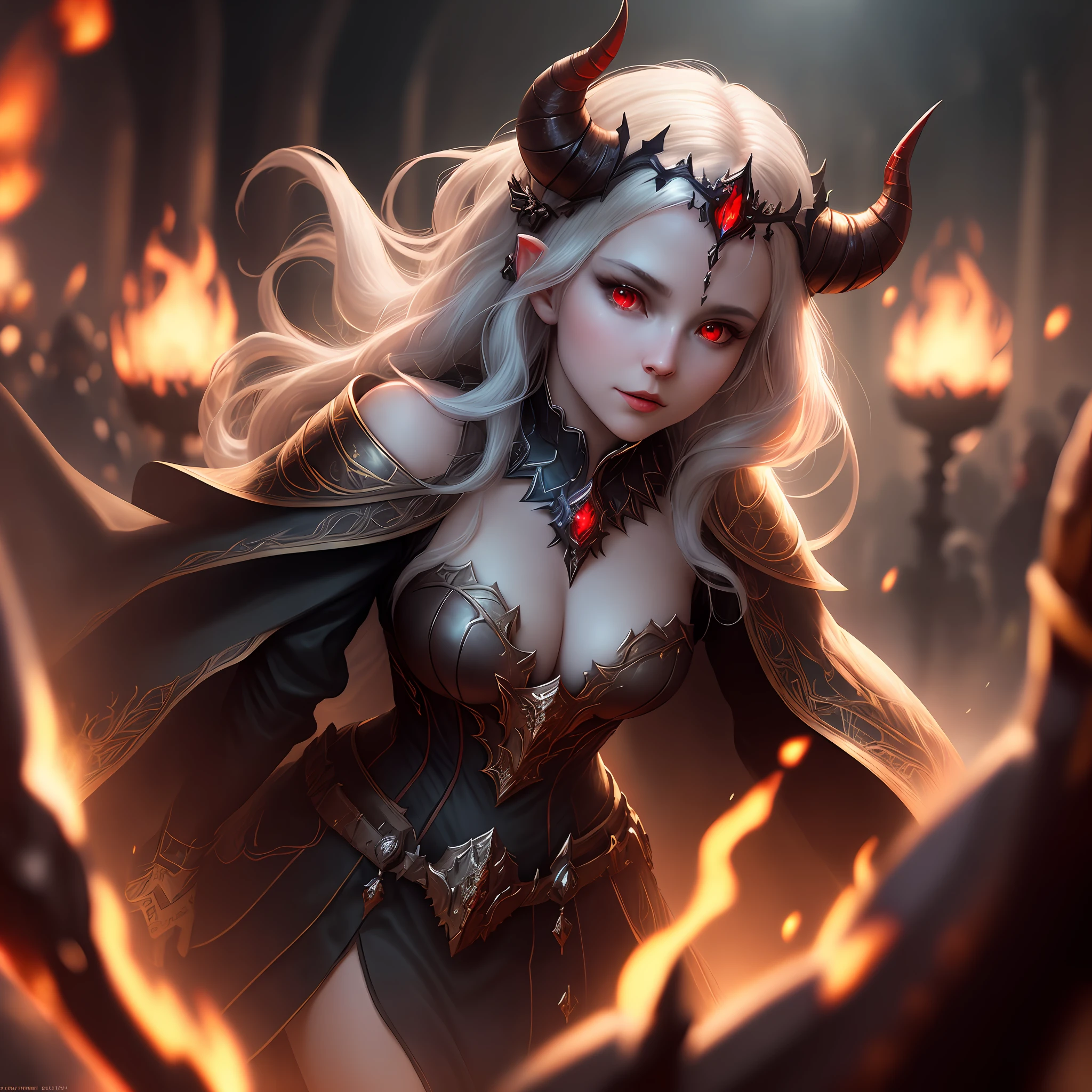 chromatic aberration, depth of field, soft light, masterpiece, best quality, intricate, tone mapping, highly detailed, artstation, concept art, smooth, sharp focus, dramatic lighting, highly detailed artwork, film, hyperrealistic painting, trend on artstation, 8K, incredible shadows, realistic, (Highly detailed background: 1.0), a demon queen floating above hell, she commands armies with her mighty horns, she wears a crown covered in darkness, and her glowing red eyes are burning, brilliant, digital art