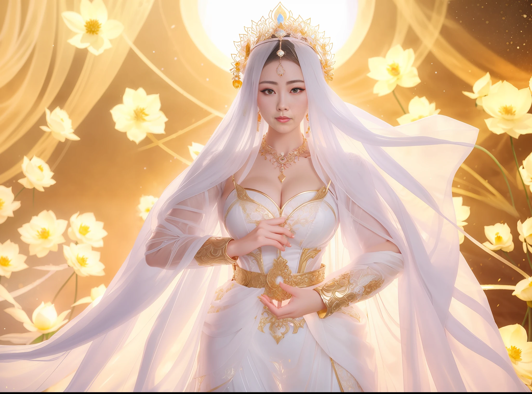 a close up of a woman in a sexy transparent white gold lace armor cleavage breasts with a lotus flower in her hand, head jewelry, necklace , gold belt, a beautiful fantasy empress, ((a beautiful fantasy empress)), beautiful celestial mage, beautiful and elegant elf queen, beautiful character painting, full body xianxia, portrait knights of zodiac girl, by Yang J, g liulian art style, fantasy art style, foreshortening