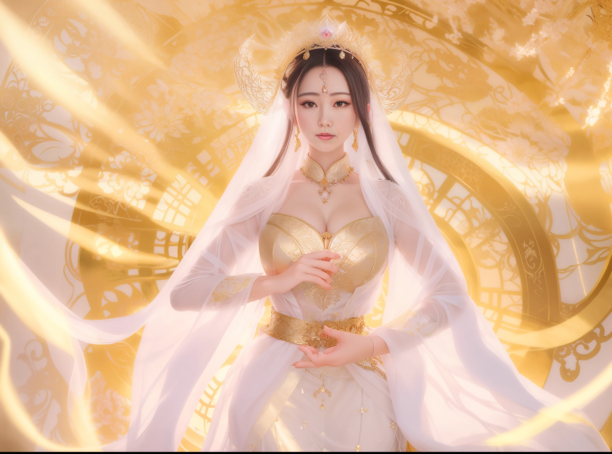 a close up of a woman in a sexy transparent white gold lace armor cleavage breasts with a lotus flower in her hand, head jewelry, necklace , gold belt, a beautiful fantasy empress, ((a beautiful fantasy empress)), beautiful celestial mage, beautiful and elegant elf queen, beautiful character painting, full body xianxia, portrait knights of zodiac girl, by Yang J, g liulian art style, fantasy art style, foreshortening