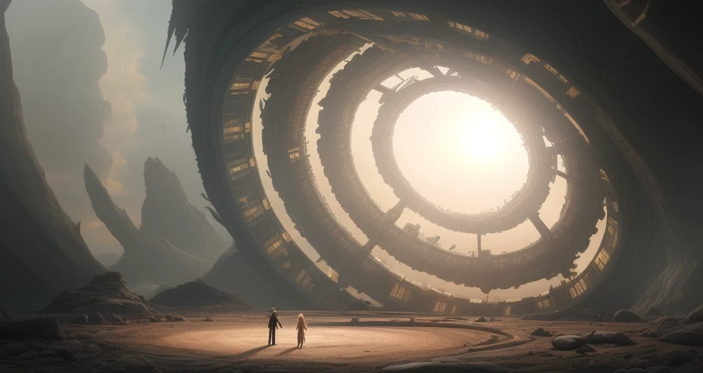((Mysterious Science Fiction Concept Art)|.) (Stunning sci-fi concept art) | (Science fiction epic digital art) | (Bastian Glivett)),

# Lens effects":"
[(Looking down, two people standing inside the big circle),

# Two people": 1.25"
(((1 male) + (1 female)): 1.25),

# Male: 1.1, Female: 1.2
(detailed clothes, dark glasses),(male:1.1,female:1.2),

# Female: blue eyes + blonde hair: 1.3, male: red eyes + black hair
(blue eyes+(long blonde hair):1.3),(red eyes+(short black hair)),

# Ring stage: 1.2, light-speed refraction effect, given can be
(circle stage:1.2, speed of light refraction effect),

# Cosmos: 1.5, Photo Frame Filter
Cosmic space filter, (embedding=frame filter)] 8K