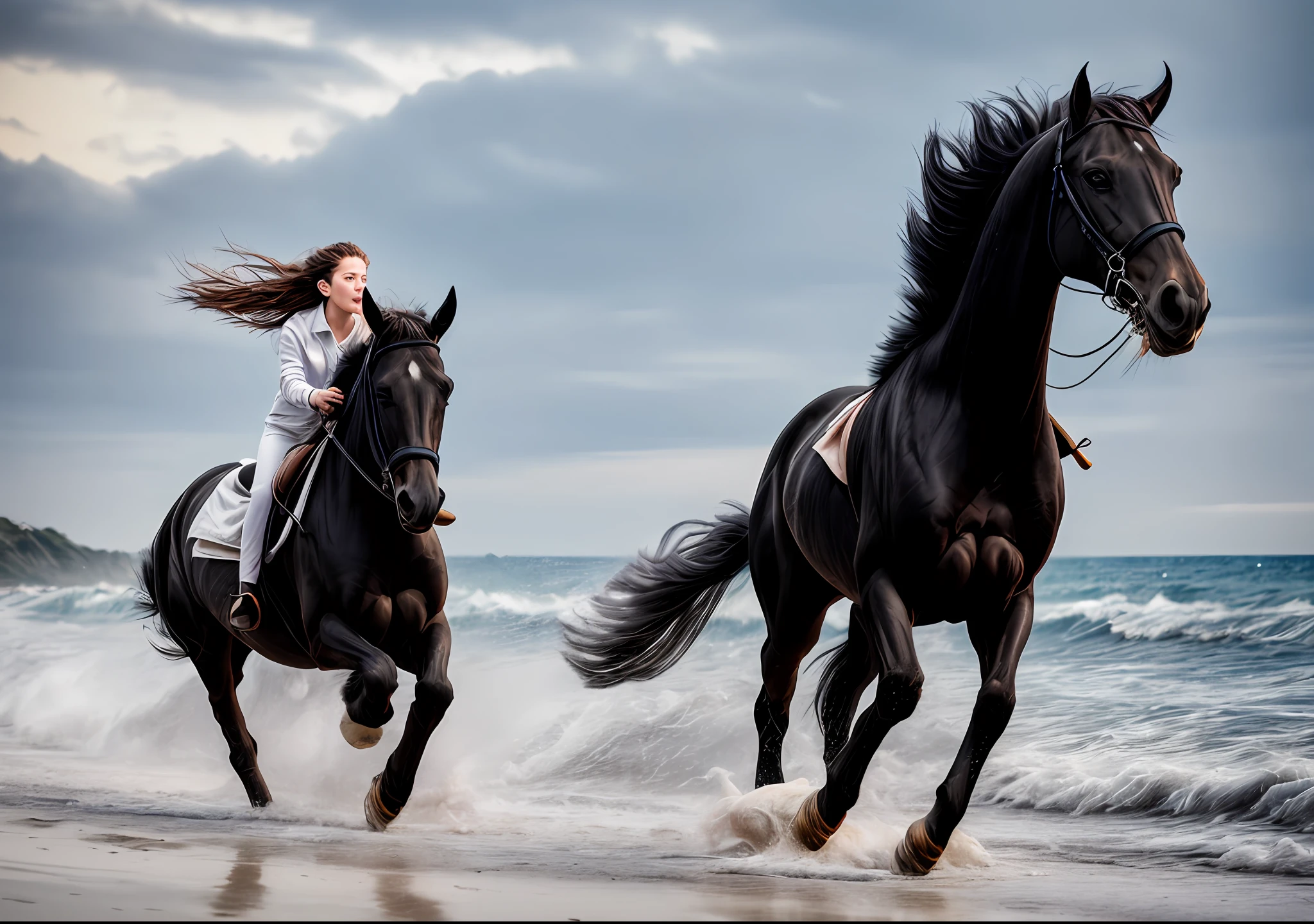 Epic movie poster, professional photo, a beautiful 24-year-old woman, assaulting a black horse, on the beach, professional digital art, professional lighting, dramatic lighting, high resolution, 8k, ultra high definition, HDRI, style, model shooting style, rcnz_hqr style