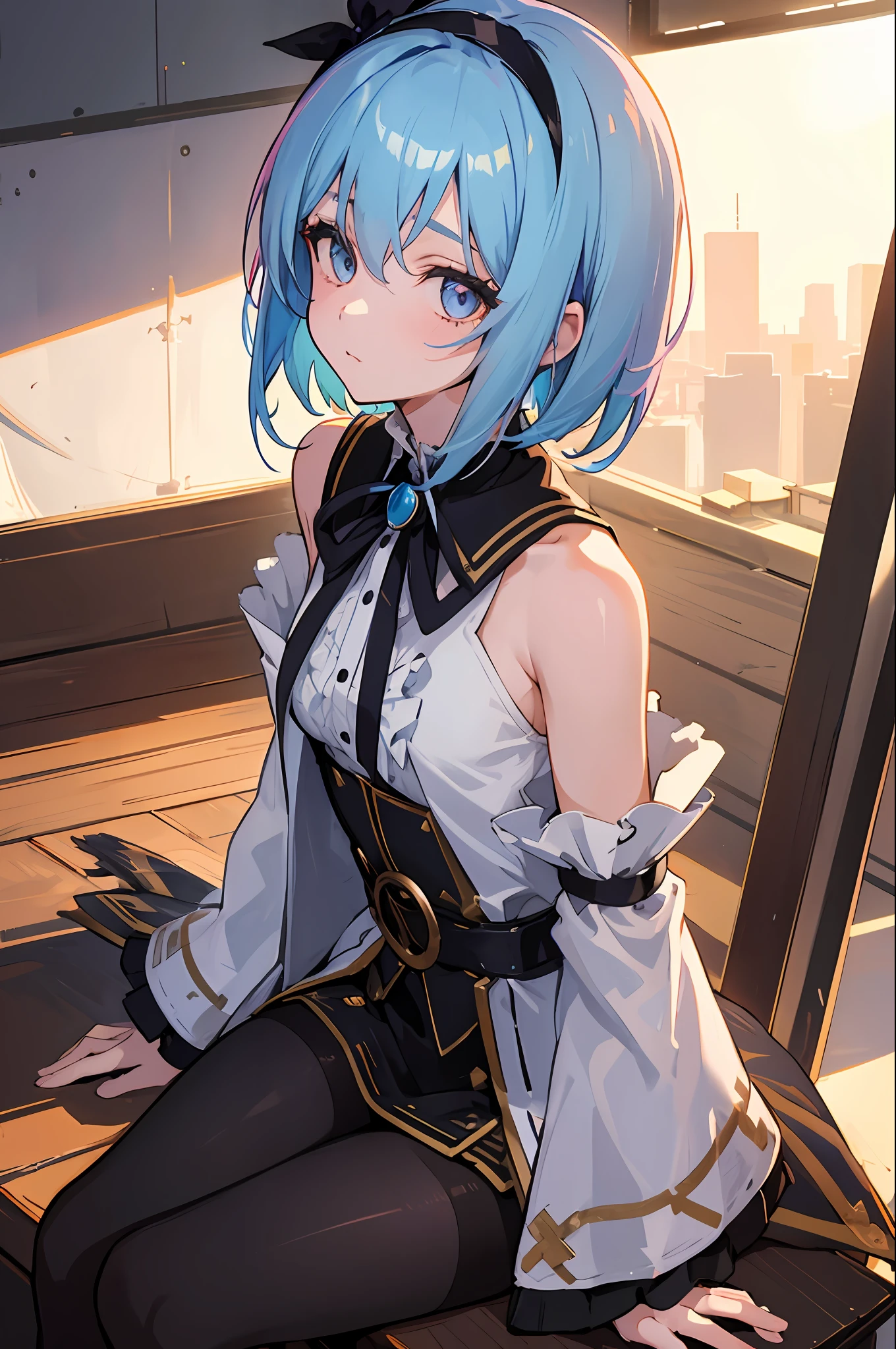 1 girl, all-in-one, Western-style building, girder belt, light blue hair, black hair band (inside the hair), ashime bob, short hair, walking, beautiful eyes, detailed fabric texture, light eyes, side hair (long), five-fingered, hair band (black), beautiful and detailed face, round eyes, bolero with sleeves, sitting, no shoulders, tights,
