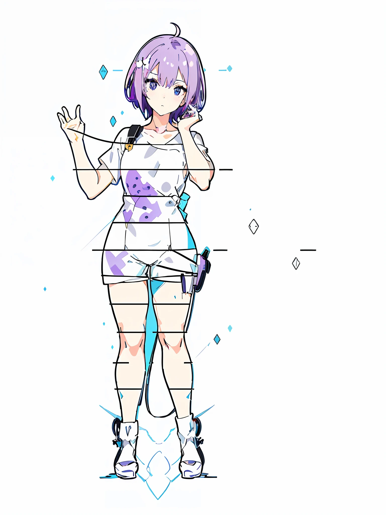 Drawing of a girl with short purple hair blue pupils and a white shirt, anime vtuber full body model, anime full body illustration, clear costume design, full body portrait of shorts! , twisted pose, clean anime silhouette, full body picture, single character full body, casual pose, neutral pose, full body concept, full body illustration, anime pose, full body pose