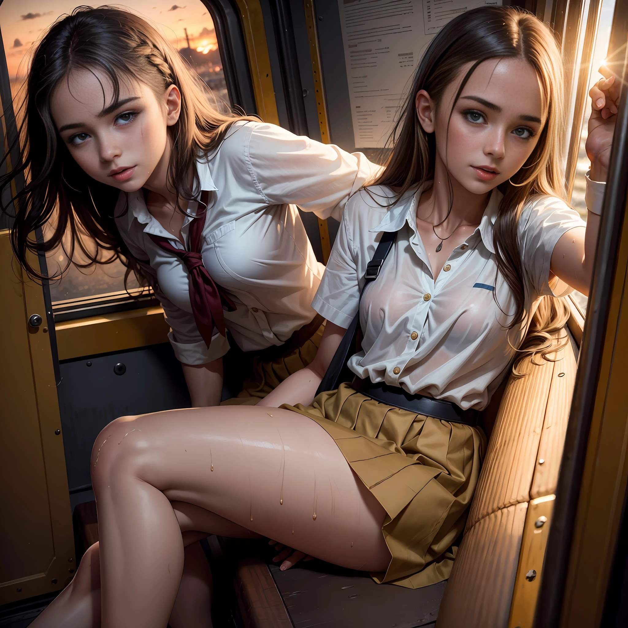 Top quality, full body detail, golden ratio (theatrical lighting: 0.7), masterpiece, spectator angle shot, mouth open, (18-year-old Anglo-Saxon girl sweaty), looking straight mysteriously happy, camel finger sitting on a crooked train, disheveled hair (in sweat-drenched school uniform), sunset, lush full-length portrait, perfect face, amazing eyes, bright details (very detailed skin), accent lighting, depth of field, koda850 k portrait camera , conscious, digital grain, war photography, dogs perspective perspective photoshoot, bottom-up