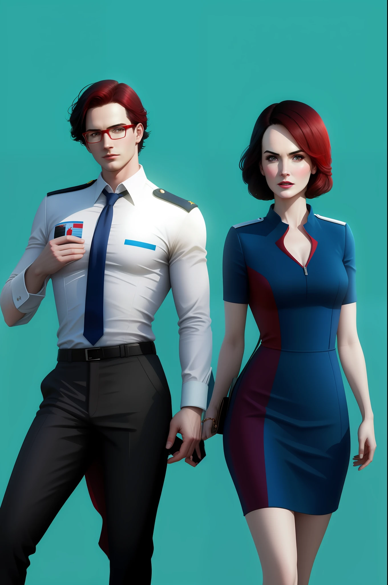 Michelle dockery in red-blue-red-dress, Jason butler harner as a pilot in glasses, background is blue sky with airplanes, 2d-style, digital, cartoon style, best quality,